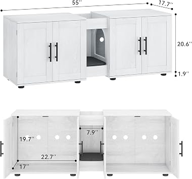 Dual Room Wooden Cat Litter Box Enclosure for 2 Cats - Hidden Cat Washroom Cabinet with Scratching Mat, Storage Cabinet, Waterproof & Easy-Clean Surface, 55