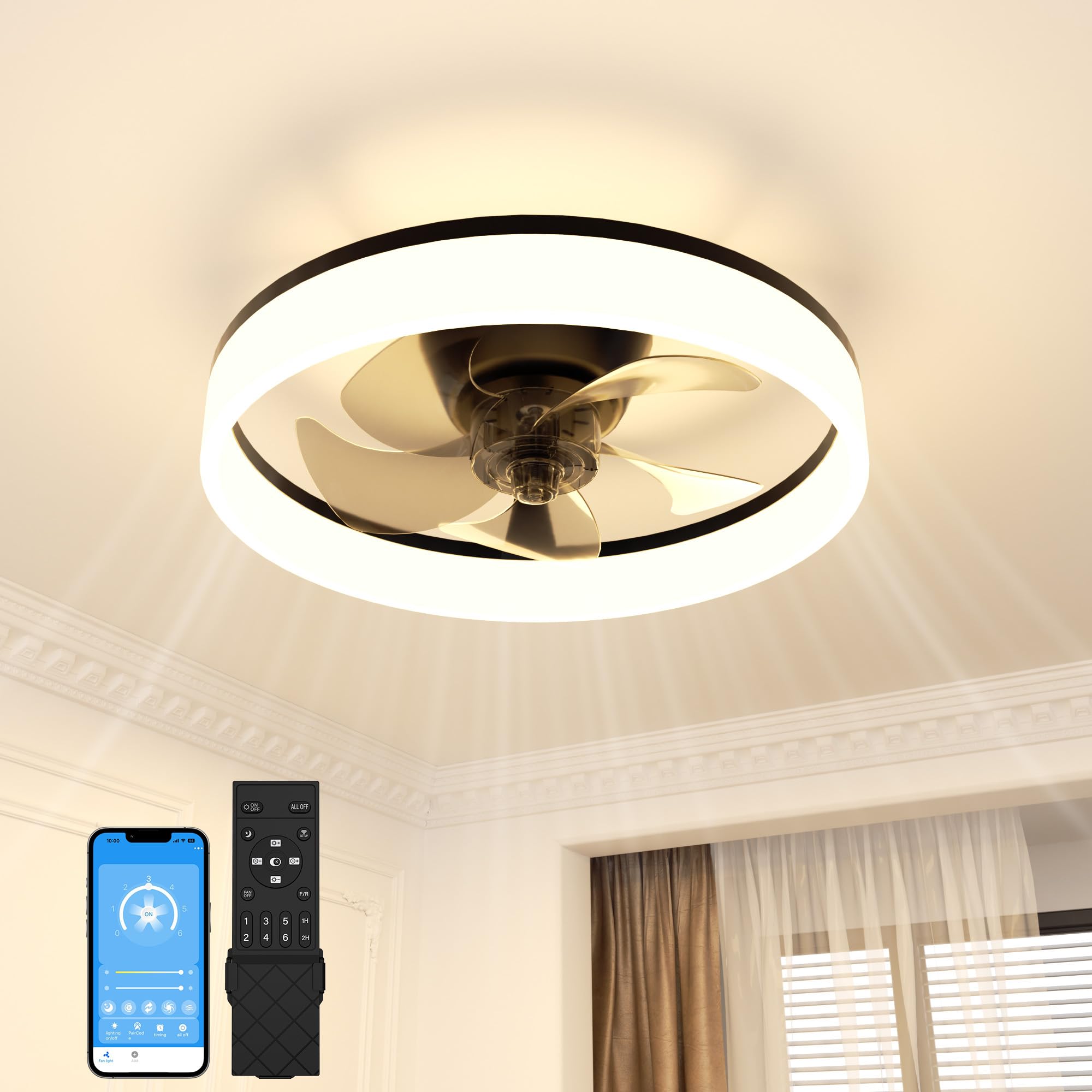 SUNKENET Ceiling Fans with Lights and Remote, 40cm LED Fan Ceiling Light, 3000K-6500K Dimmable Smart Ceiling Fan Light, 6 Wind Speeds & Reversible, Black Modern Fan Light Ceiling for Bedroom