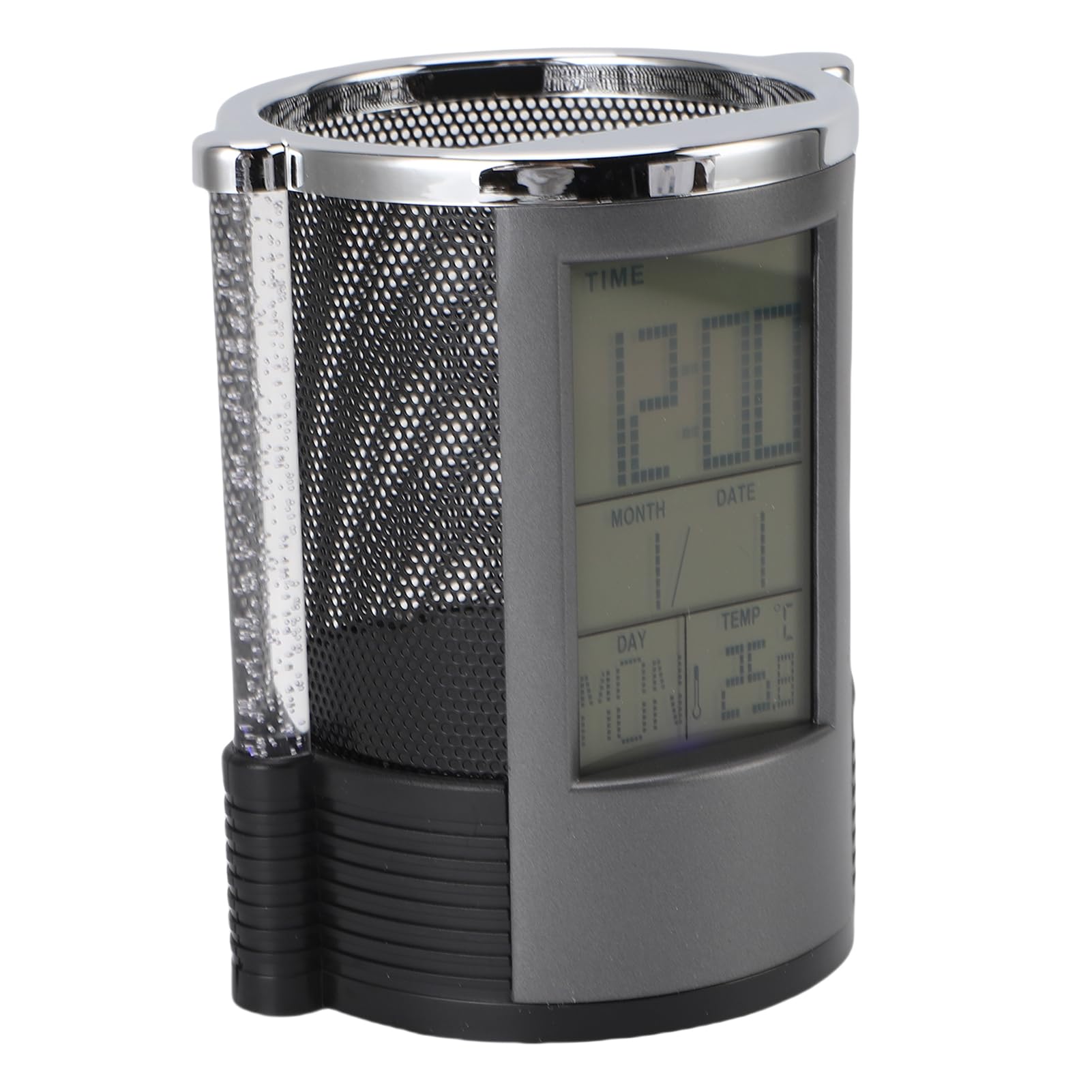 Electronic Clock Pen Holder - Multifunctional Color Light Design Office Desk Clock Calendar Mesh Stationery Organizer