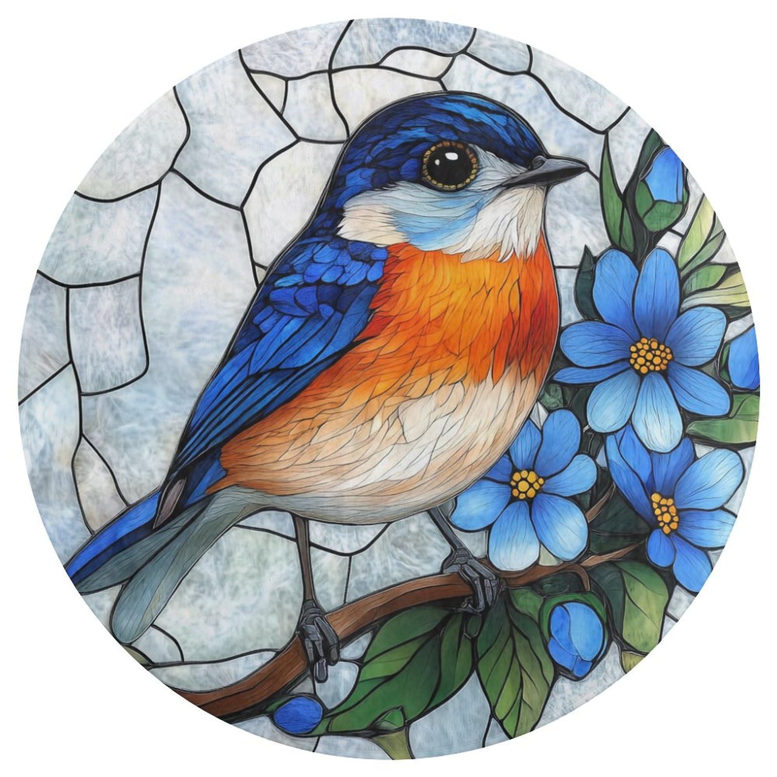 Tapis rond moderne 90 cm motif oiseau orange et bleu avec dossier antidérapant