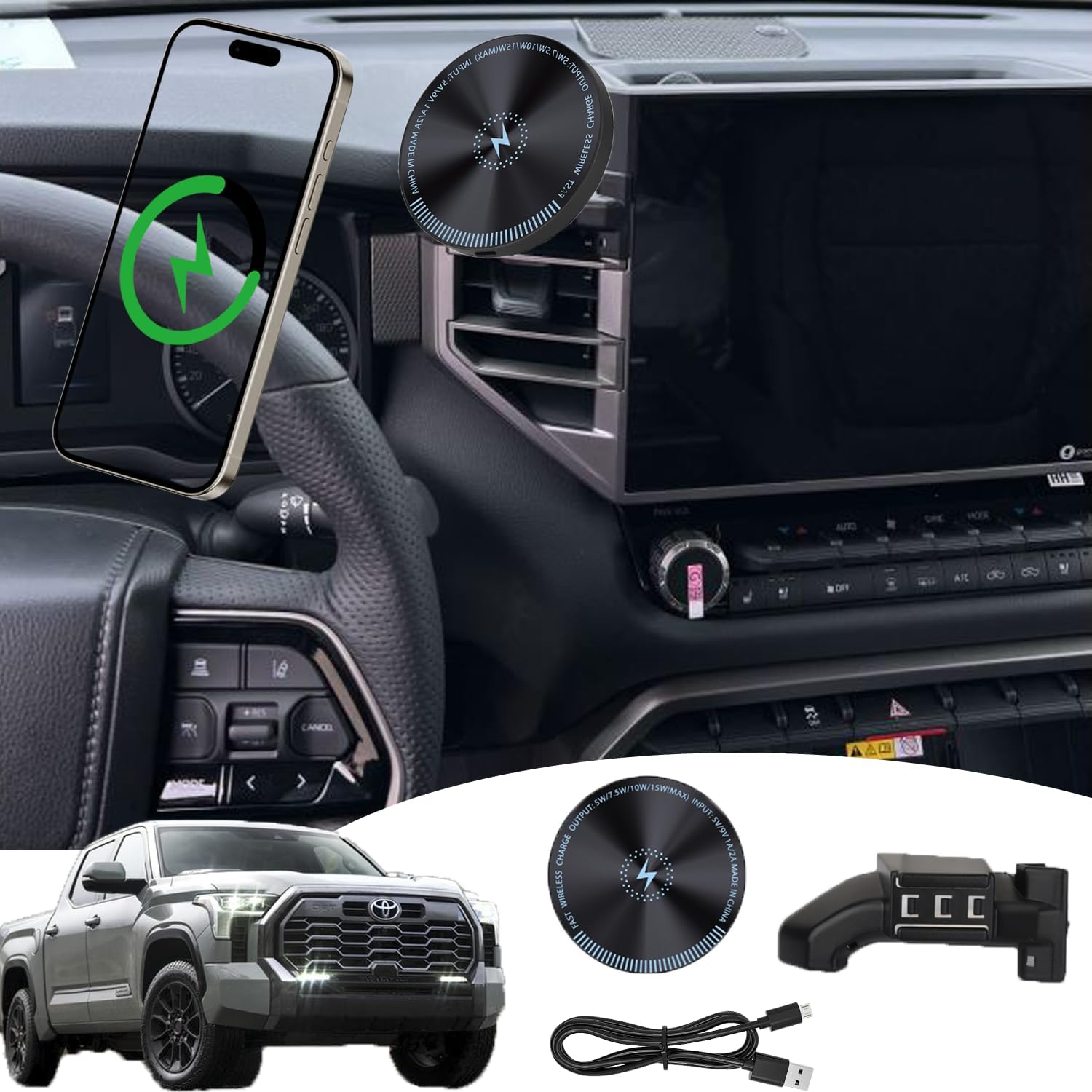 for 2026 Toyota Tundra Phone Mount 2026 Toyota Sequoia Phone Holder 15W Fast Wireless Charger 2022-present Sequoia/Tundra Accessories Compatible for All Screen