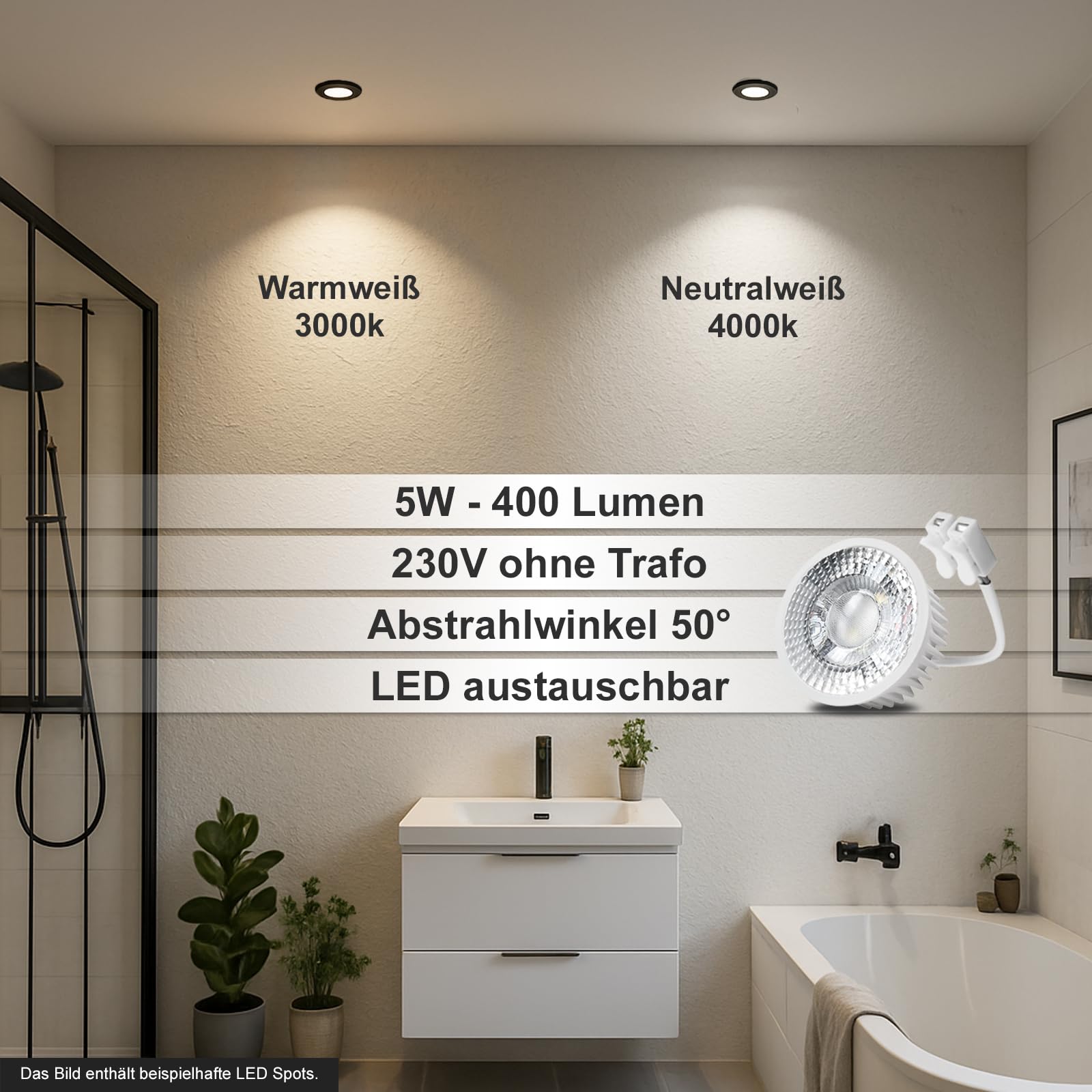 trendlights24 Mare IP44 Bad LED Einbaustrahler 230V Weiß eckig 3 Stufen dimmbar ultra flach 35 mm 5er Set 5W Neutralweiß Deckenleuchten für Feuchtraum