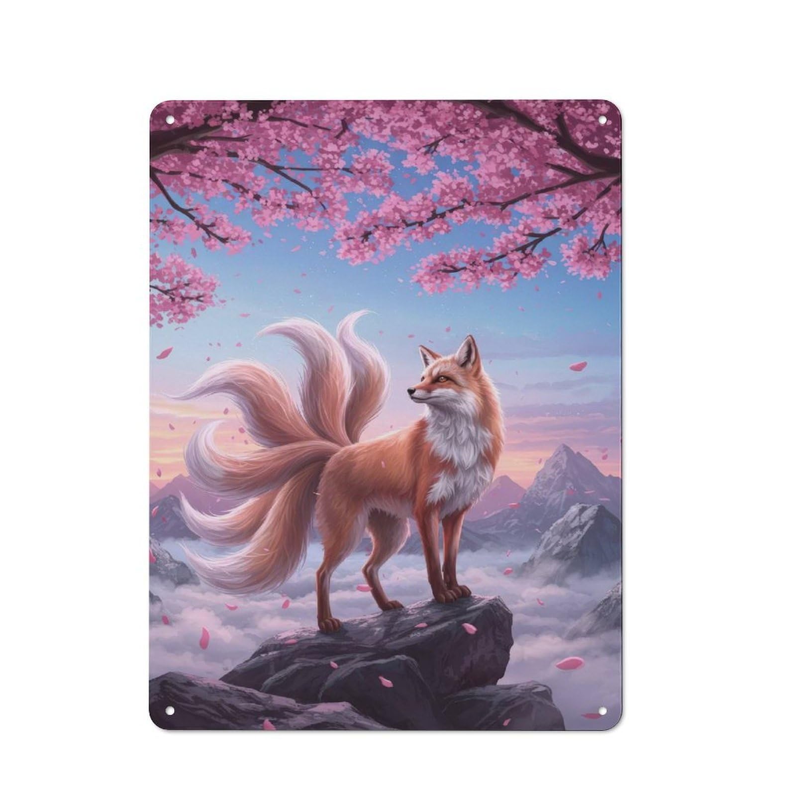 Junmoney Style-11 Metal Plaque 40X30cm With Nine-Tailed Fox Under Cherry Blossoms For Hallway Wall, Rustic Decor, A Metal Wall Feature For Hallways And Entrance Areas