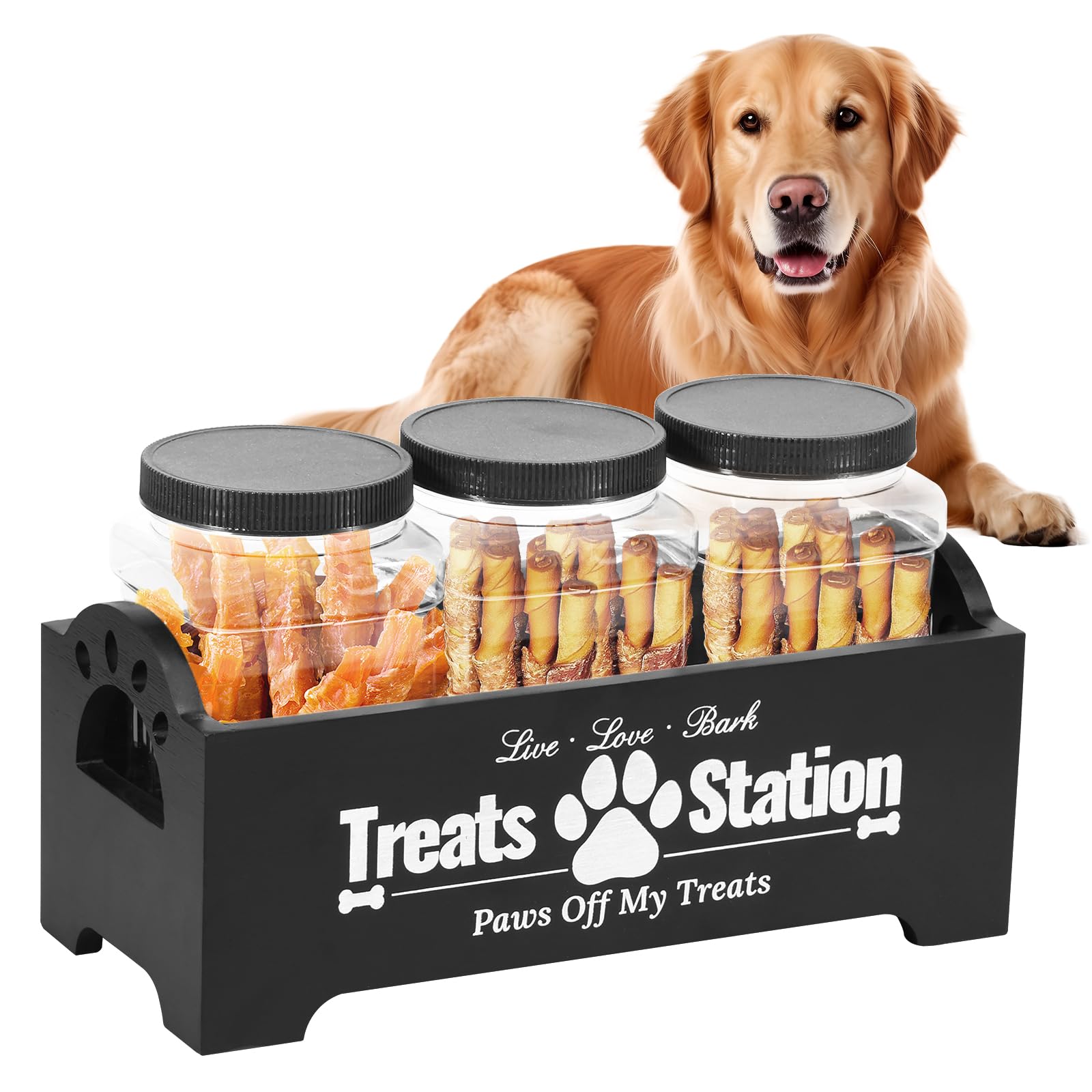 Dandelionsky Dog Treat Container with 3 Dog Treat Jars, Cute Wooden Dog Food Storage Container, Farmhouse Cat Food Container Pet Food Storage Organizer for Dog, Cat, Small Animal (black-3 jar)