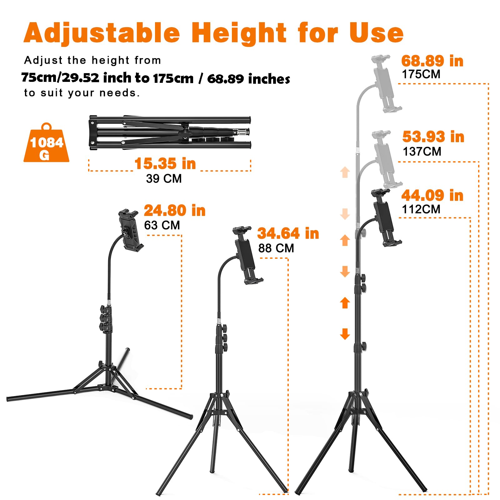 Support pour Tablette, Réglable en Hauteur Jusqu'à 175cm Trépied pour Tablettes, Support de Tablette avec Col de Cygne, Trépied pour iPad Pro/Air/Mini 4.7"-13.5" Tablettes.
