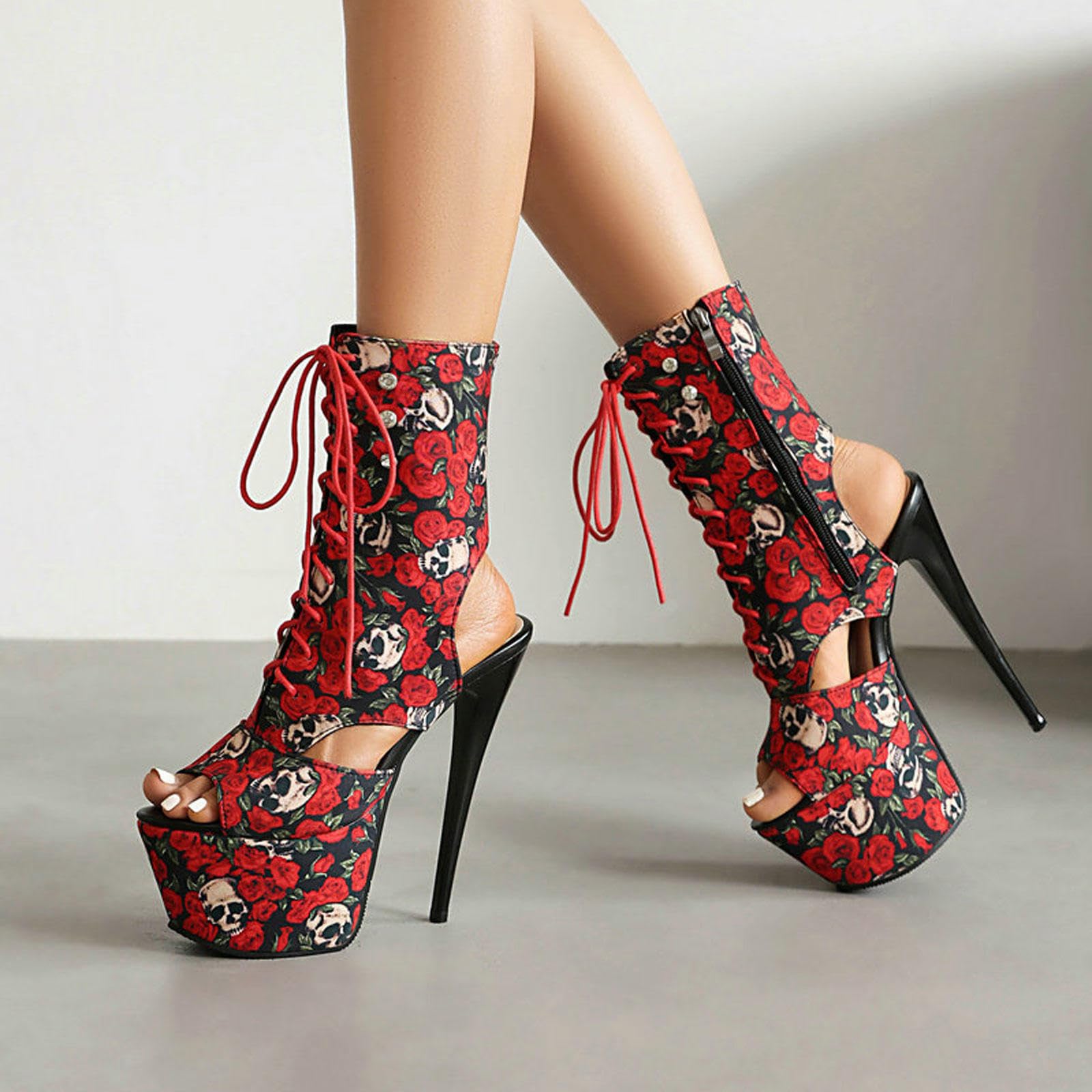 High Heels Frauen Offene Zehe Plattform Sandalen Stiefel Print Slingback Stiletto Pumps Prom Party Kleid Tanzschuhe 16cm,Red-42