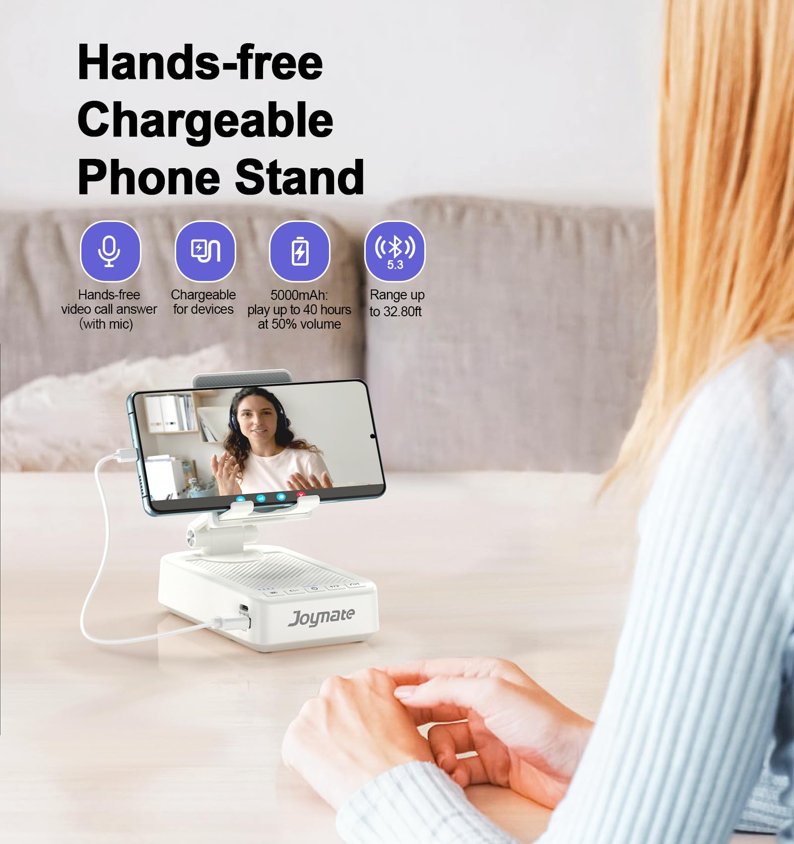 Supporto per telefono cellulare con funzione di ricarica, girevole a 360°, regolabile, suono surround HD, per scrivania, adatto a tutti i telefoni e tablet (bianco)