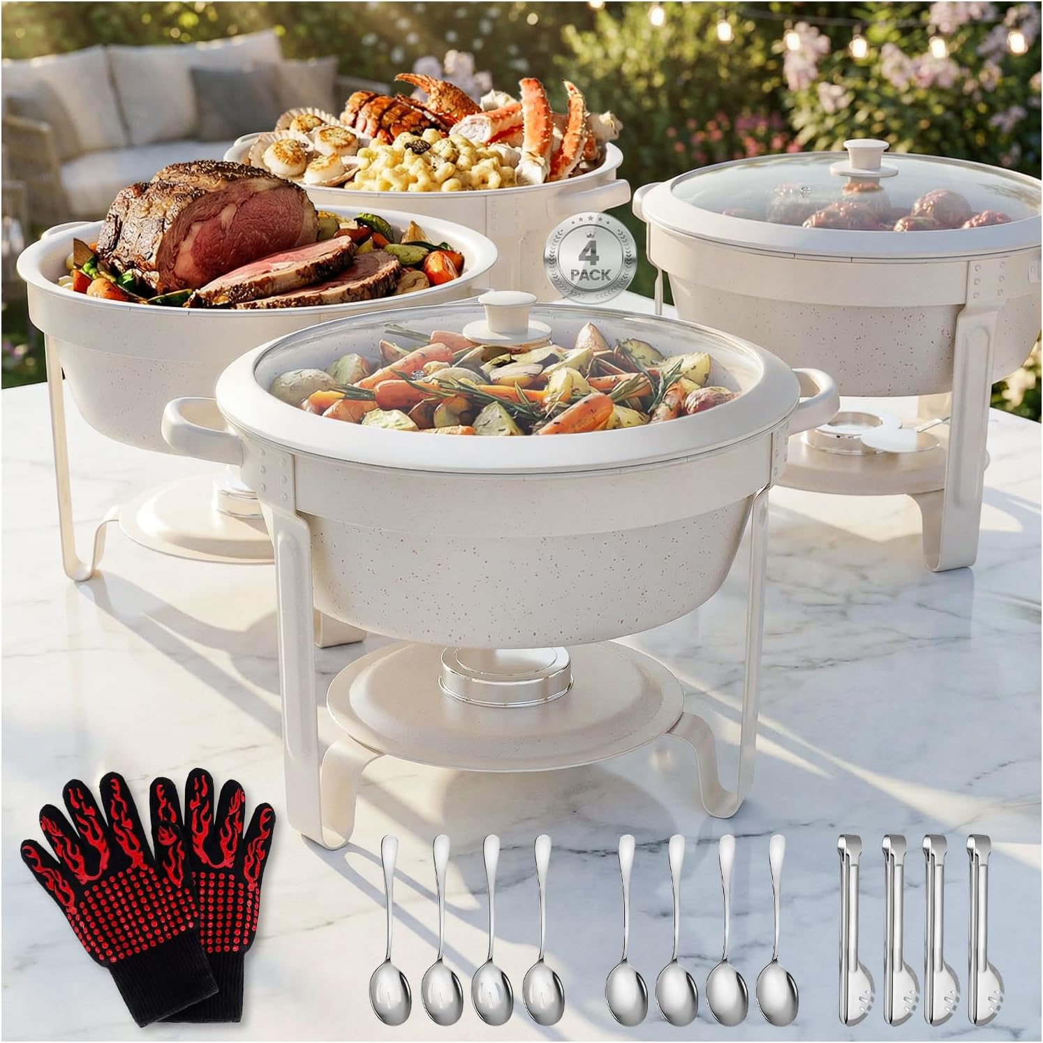 6QT Round Chafing Dishes for Buffet: 4 Pack White Chafers and Buffet Warmers Sets, Maifanite-Coated Food Warmer with 4 Tongs 4 Spoons 4 Slotted Spoons 2 Gloves, for Parties, Wedding, Events, Catering