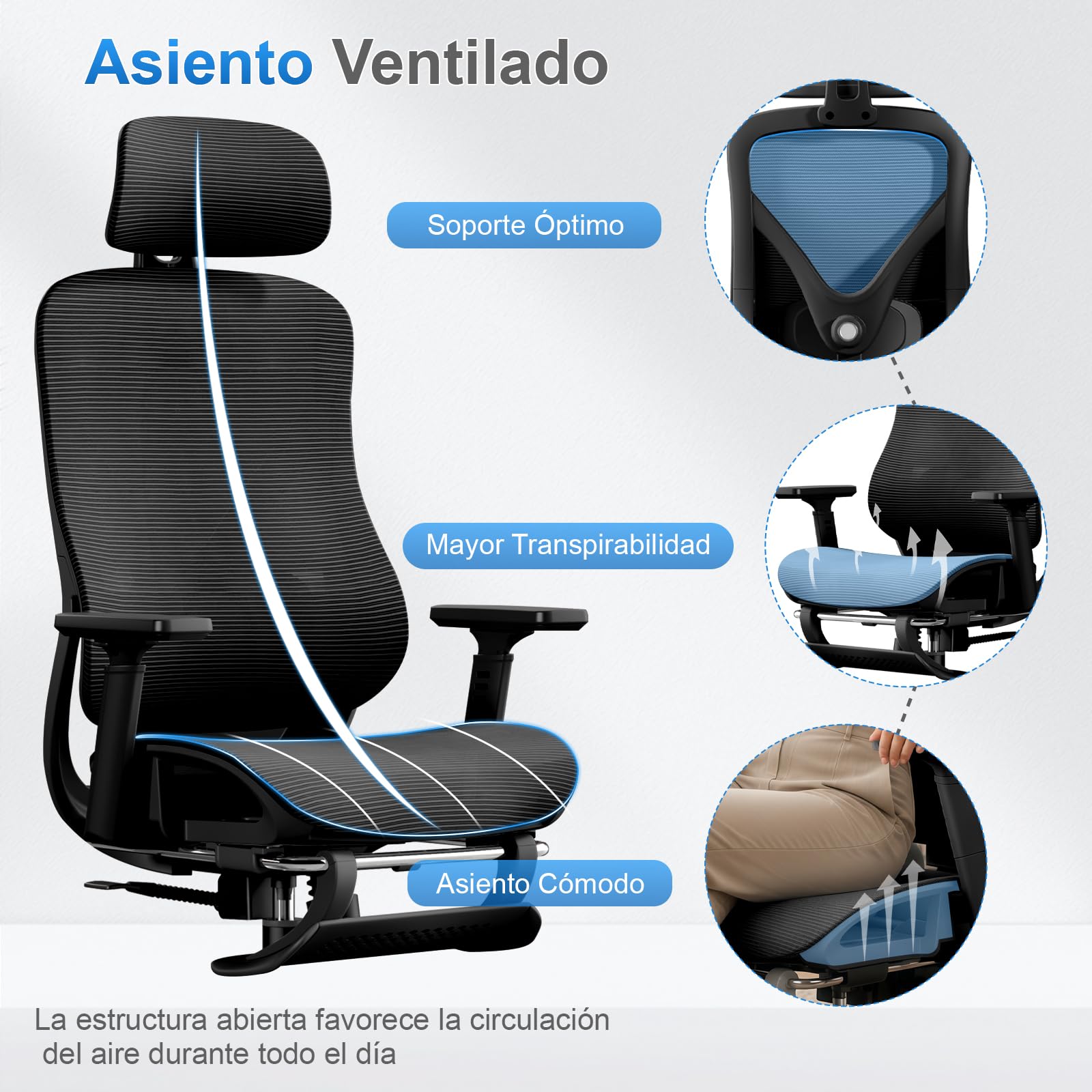 Silla Ergonómica de Oficina con Soporte Lumbar Ajustable y Reposapiés, Silla de Reclinable con Regulable Reposabrazos y Reposacabezas para Oficina en Casa, Estudio y Gaming, Negra