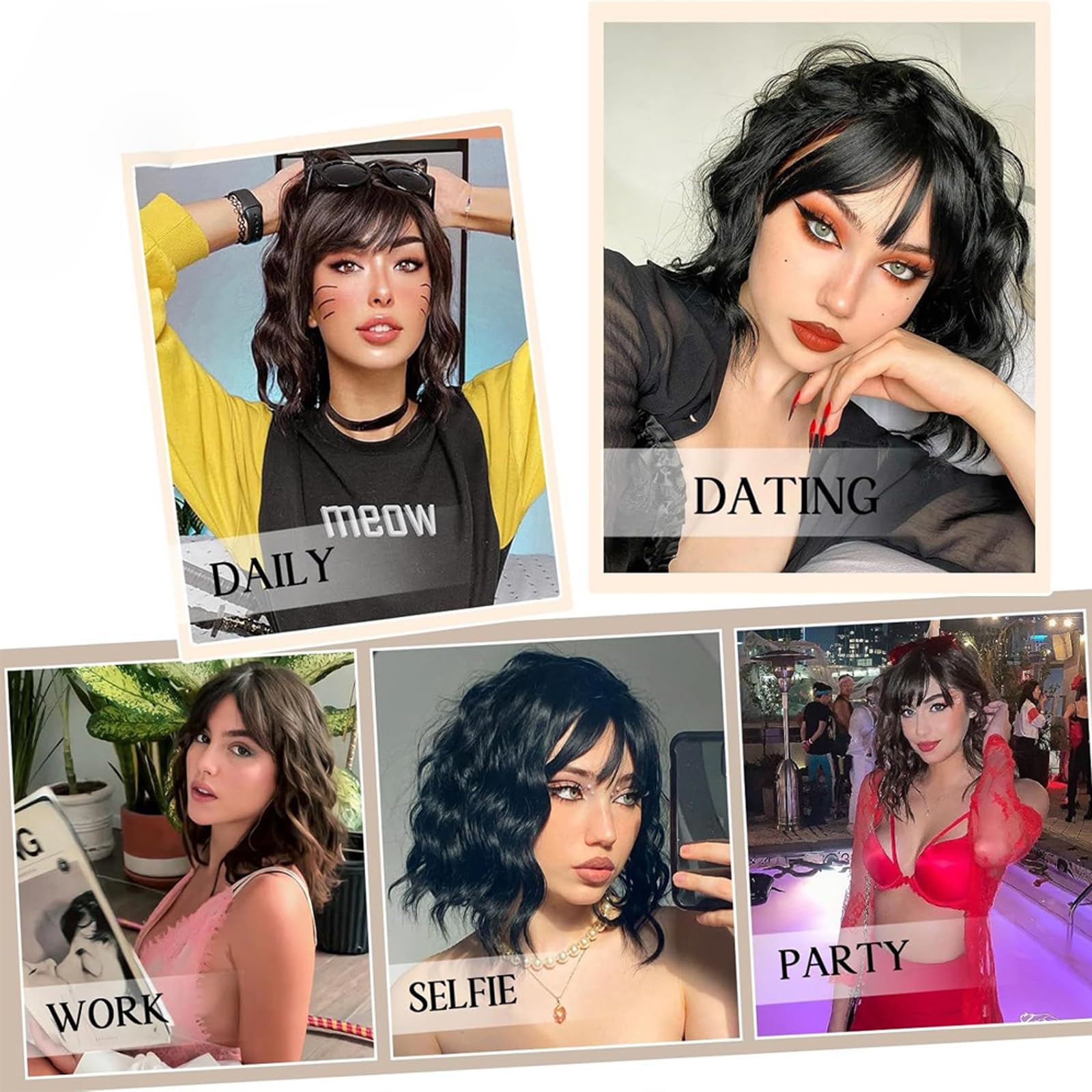 Parrucca corta ondulata nera con frangia Ondulata parrucca corta bob per donne Capelli sintetici e naturali ricci per uso quotidiano, feste, carnevale, cosplay