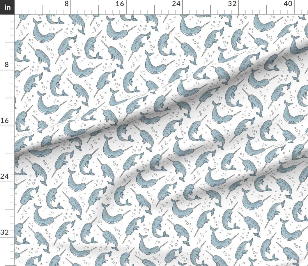 Spoonflower Fabric - Narwhal Blue White Narwhals Nautical Ocean Sea Whales Whale Bubbles Printed on Organic Cotton Sateen Fabric by The Yard - Sewing Quilting Apparel Home Decor