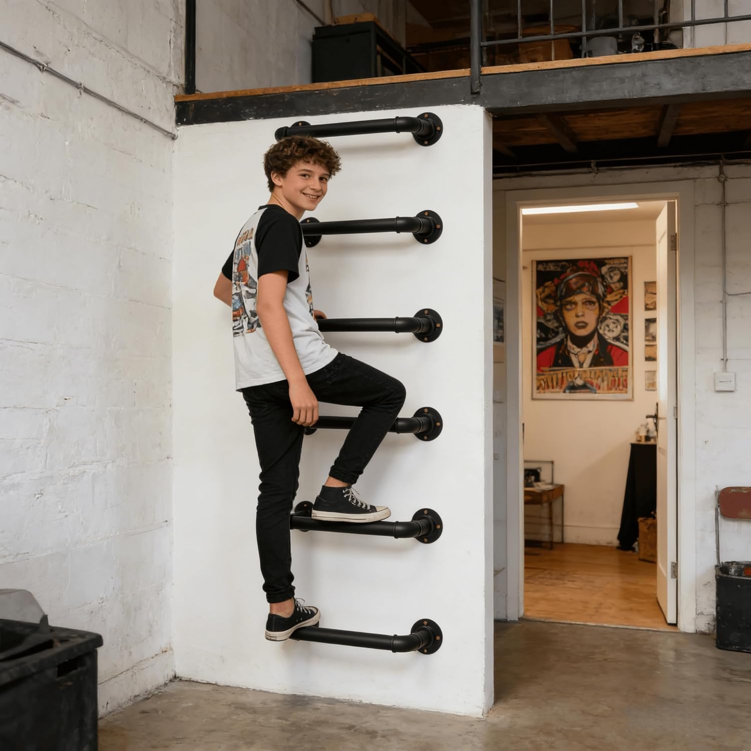 Wall Mounted Ladder, 1 Rung Steel Step - 6 Pack for Emergency Escape & Loft Access | 700LB Capacity, All-Weather Black Finish, with Expansion Bolts for Indoor/Outdoor