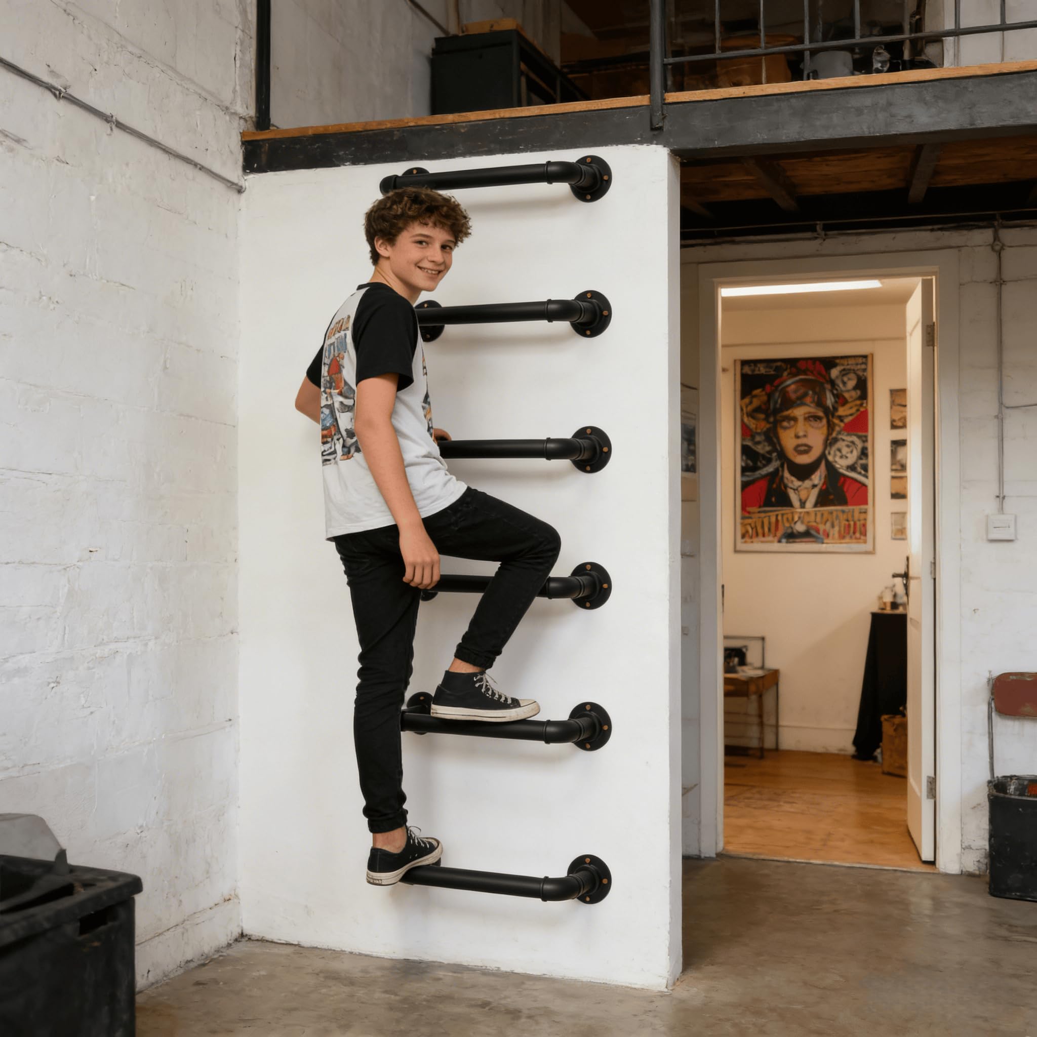 Escalera montada en la pared, 1 peldaño de acero, paquete de 6 para escape de emergencia y acceso a buhardilla, capacidad de 318 kg, acabado negro para todo tipo de clima, con pernos de expansión para