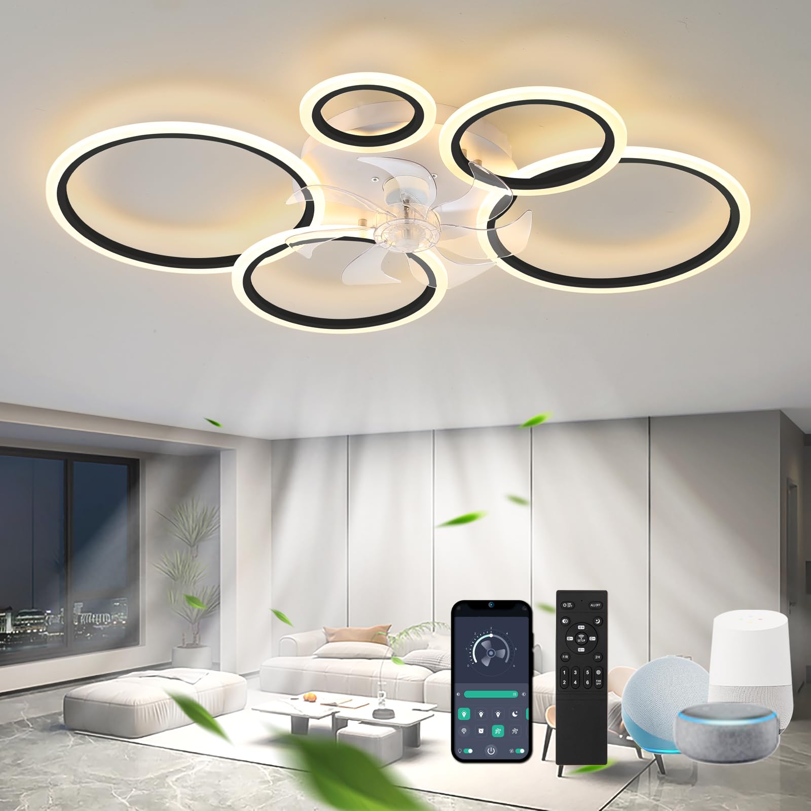 KVOYYIRA Dimmable Ceiling Fans with Lights and Remote APP Control, Silent DC Reversible Ceiling Fans with LED Lamps, 6 Speed Timer Ceiling Fan with Lighting for Bedroom Living Room Kitchen,Black