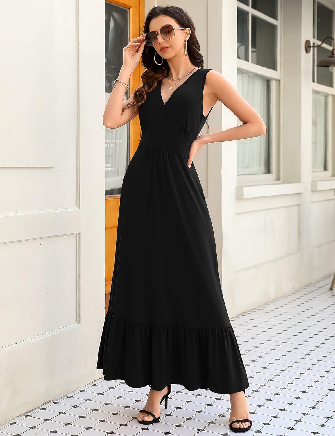 MISSKY Womens Summer Sleeveless Deep V Neck Dress Ruffles Long Maxi Casual Dresses for Women with Pockets - Image 3
