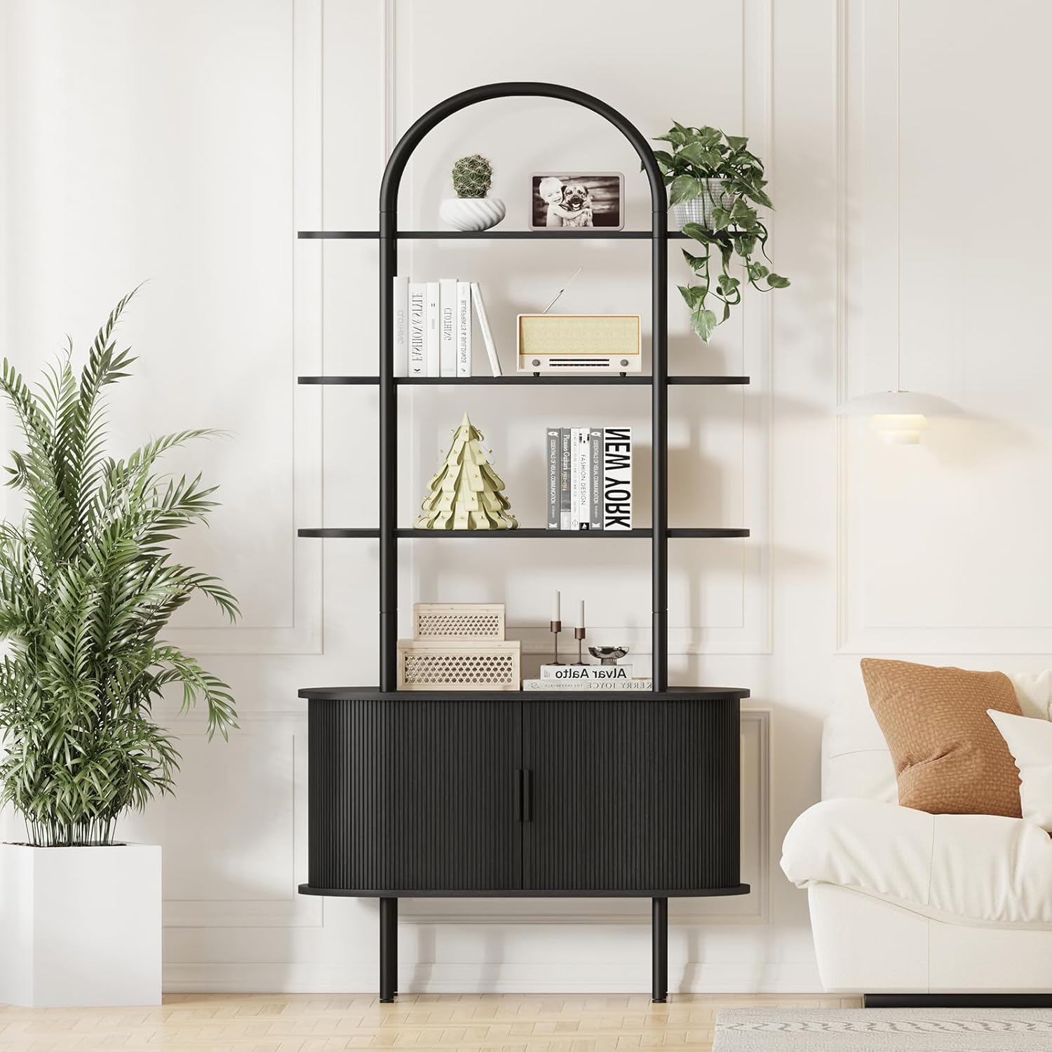 71" Tall Arched Bookshelf with Sliding Tambour Doors, Mid Century Modern Curved Metal Frame Bookcase, 4-Tier Storage Display Shelving for Living Room, Bedroom, Home Office (Black)