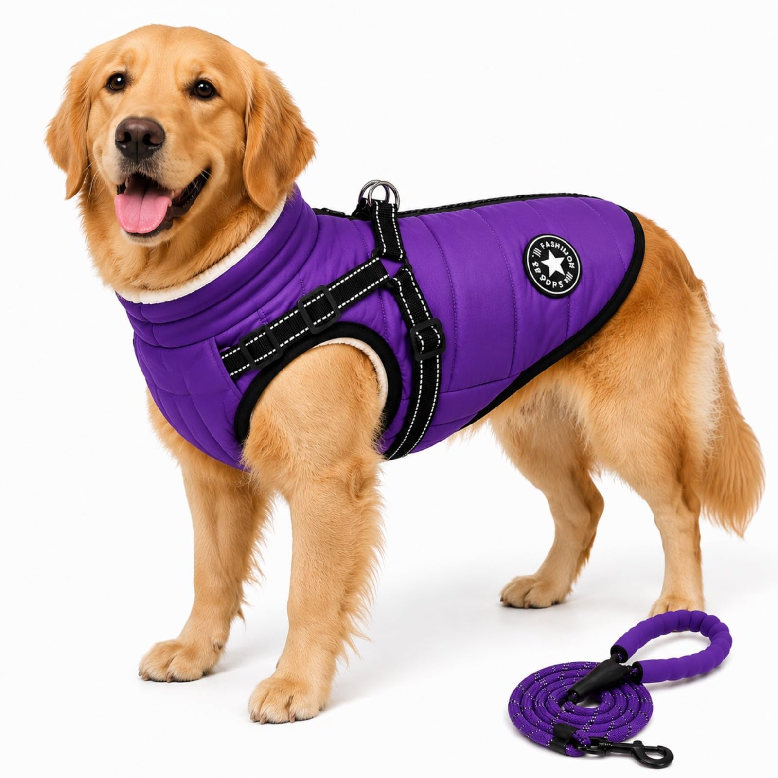 Furry King Dog Coat with Harness, Waterproof Dog Coat for Winter, Warm Fleece Lined Dog Jacket with Reflective Straps, Zip Up Wind Resistant Pet Coat for Small Medium Large Dogs (Purple,3XL)