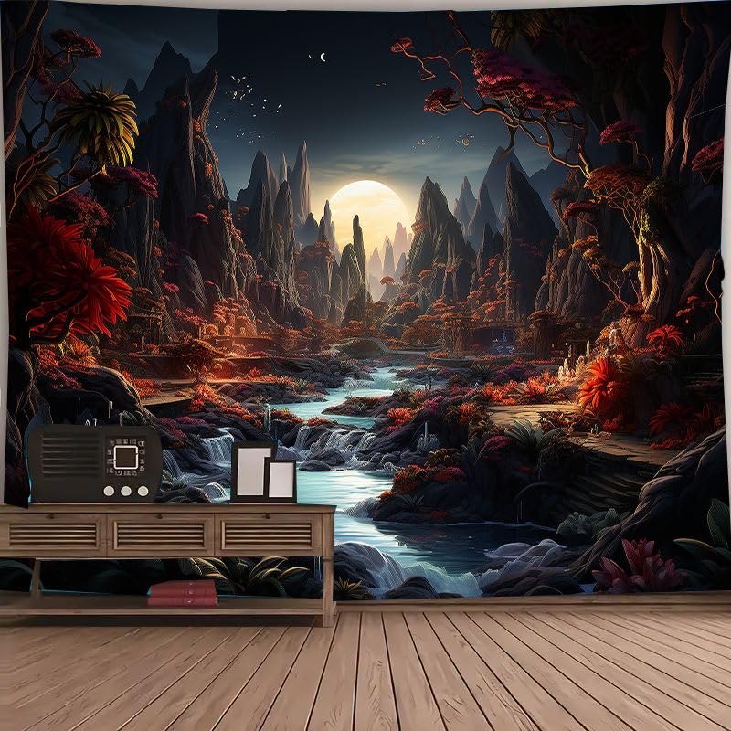 FENDROM Moon Night Forest Wall Tapestry,Enchanted Wonderland Glow in the Dark Trees Mountain River Nature Landscape Room Decor Tapestries, Aesthetic