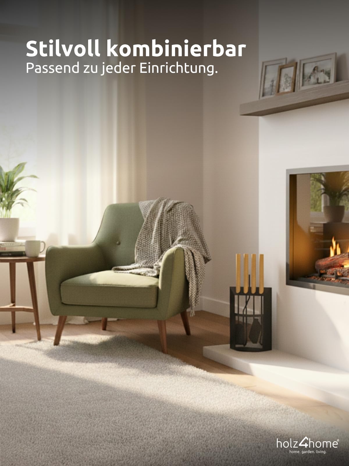 holz4home® Kaminbesteck 6-tlg. Schwarz mit Holzgriff inkl. Ofenhandschuh hitzebeständig I Kaminset Kamingarnitur Ofenbesteck Schürhaken Besen Ascheschaufel