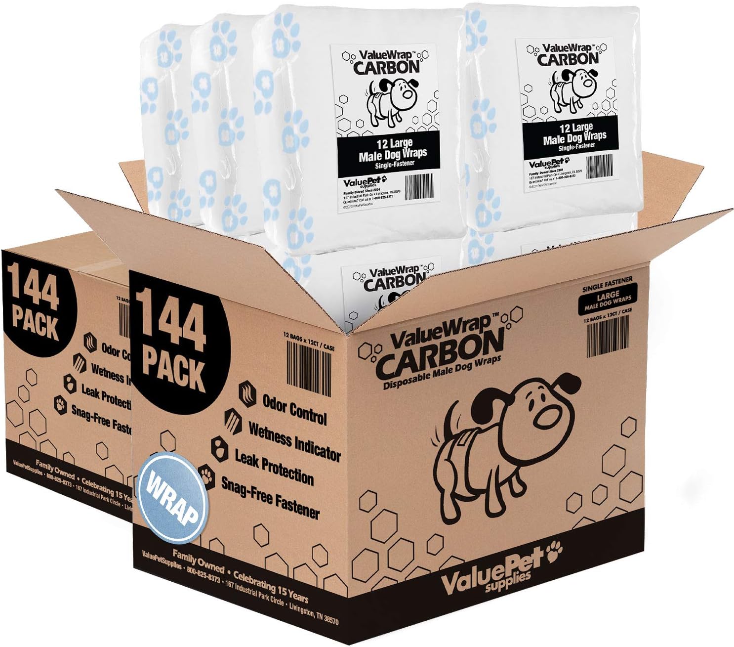 Male Wraps, Disposable Dog Diapers, Carbon, 1-Tab Large, 288 Count Bulk Pack - Activated Charcoal, Snag-Free Fastener, Leak Protection, Wetness Indicator
