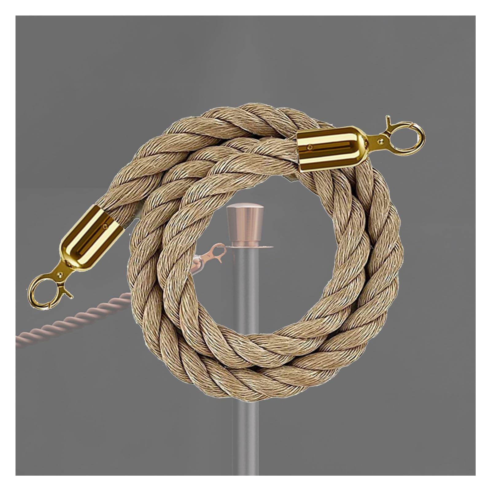 KLGFBDC 1.5m Hemp Braided Rope - Crowd Control Rope with Stylish Black/Gold Hooks - Ideal for Queue Management & Event nization