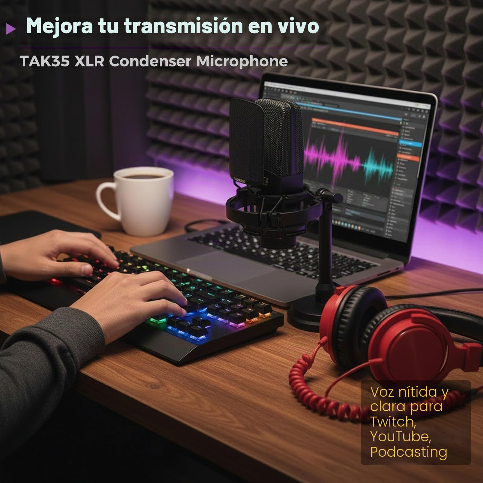 Takstar Micrófono de condensador XLR, micrófono profesional de grabación de estudio con soporte de choque para transmisiones, podcasting, video, transmisión, YouTube, grabación de instrumentos vocales