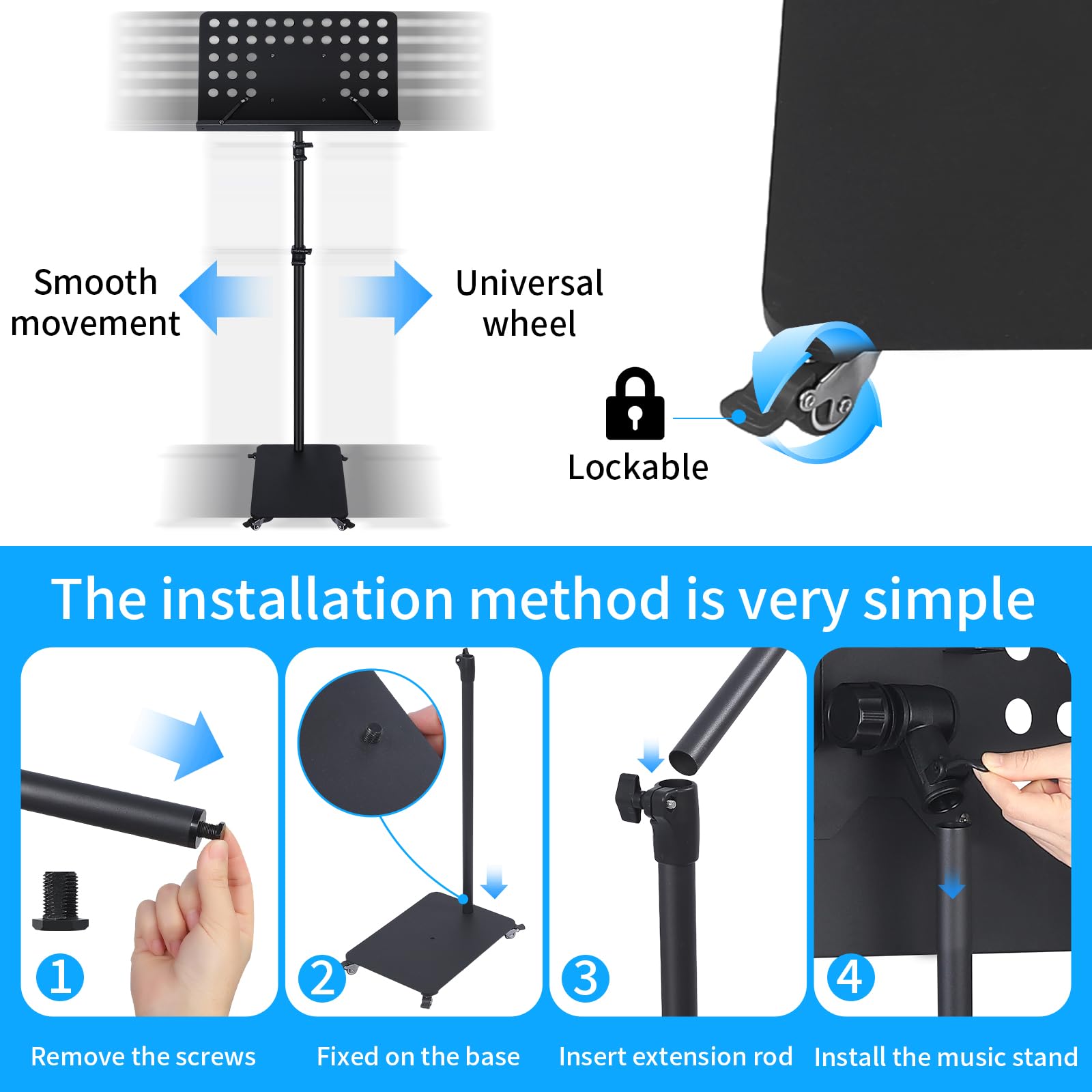 Soporte profesional para partituras de orquesta con ruedas, soporte de metal alto para libros de música, teléfono celular, tablet, para teclado de piano, instrumentos de cuerda de viento