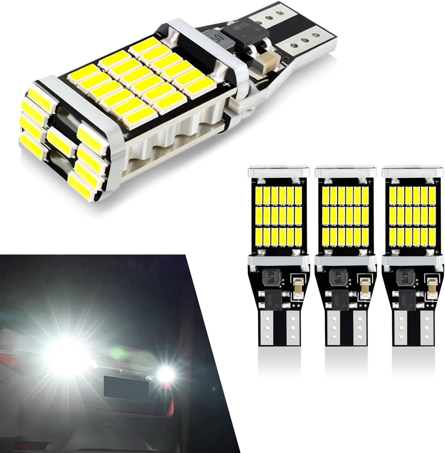 Pack-4 LED Reverse Lights, T15 4014 45SMD Chipsets Backup Reverse Light Bulbs, Canbus Error Free Brake Stop Cargo Backup Lights Universal for Most Cars (White), SINLED1605WH-T15-4PS
