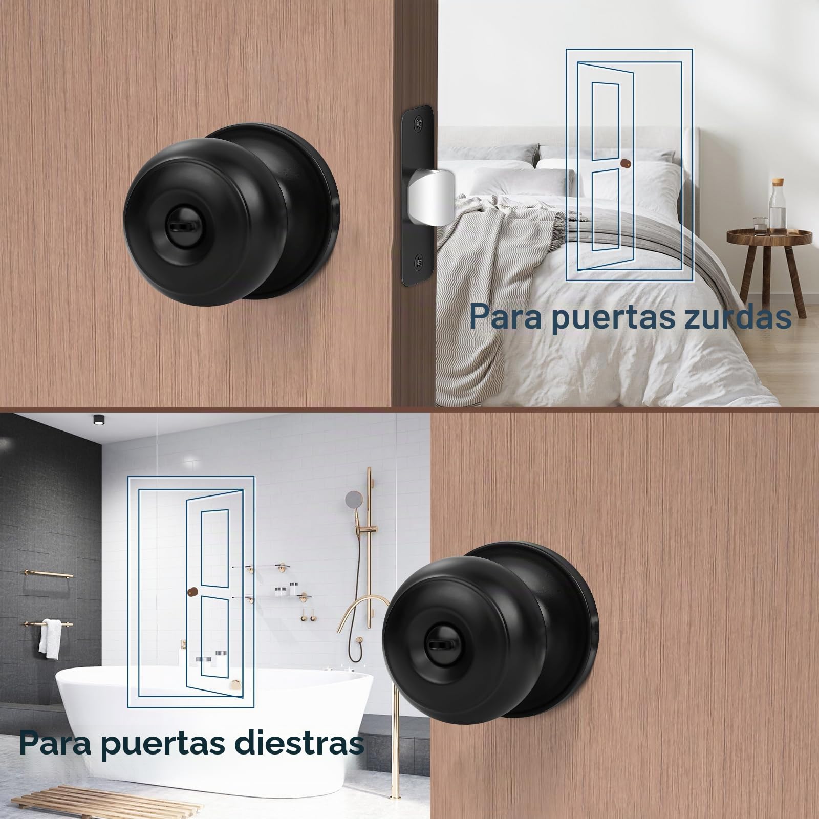 Estmoon Paquete de 5 pomos negros para puerta interior, para dormitorio, baño, privacidad, bola redonda