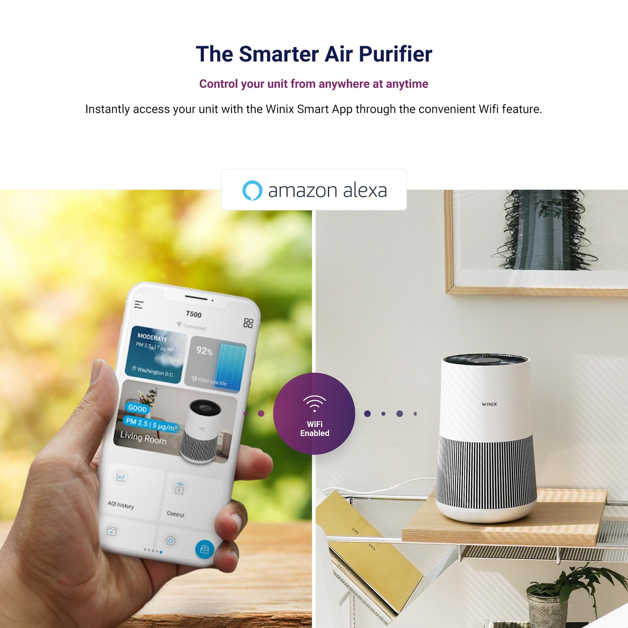 WINIX T500 Luftreiniger Alexa HEPA Filter 50m² CADR 250 m³/h Allergiker, Weiss | Alexa, App-Steuerung, Luftqualitätssensor, HEPA-Filter gegen Allergien, Staub, Pollen, Rauch, Tierhaare & Gerüche