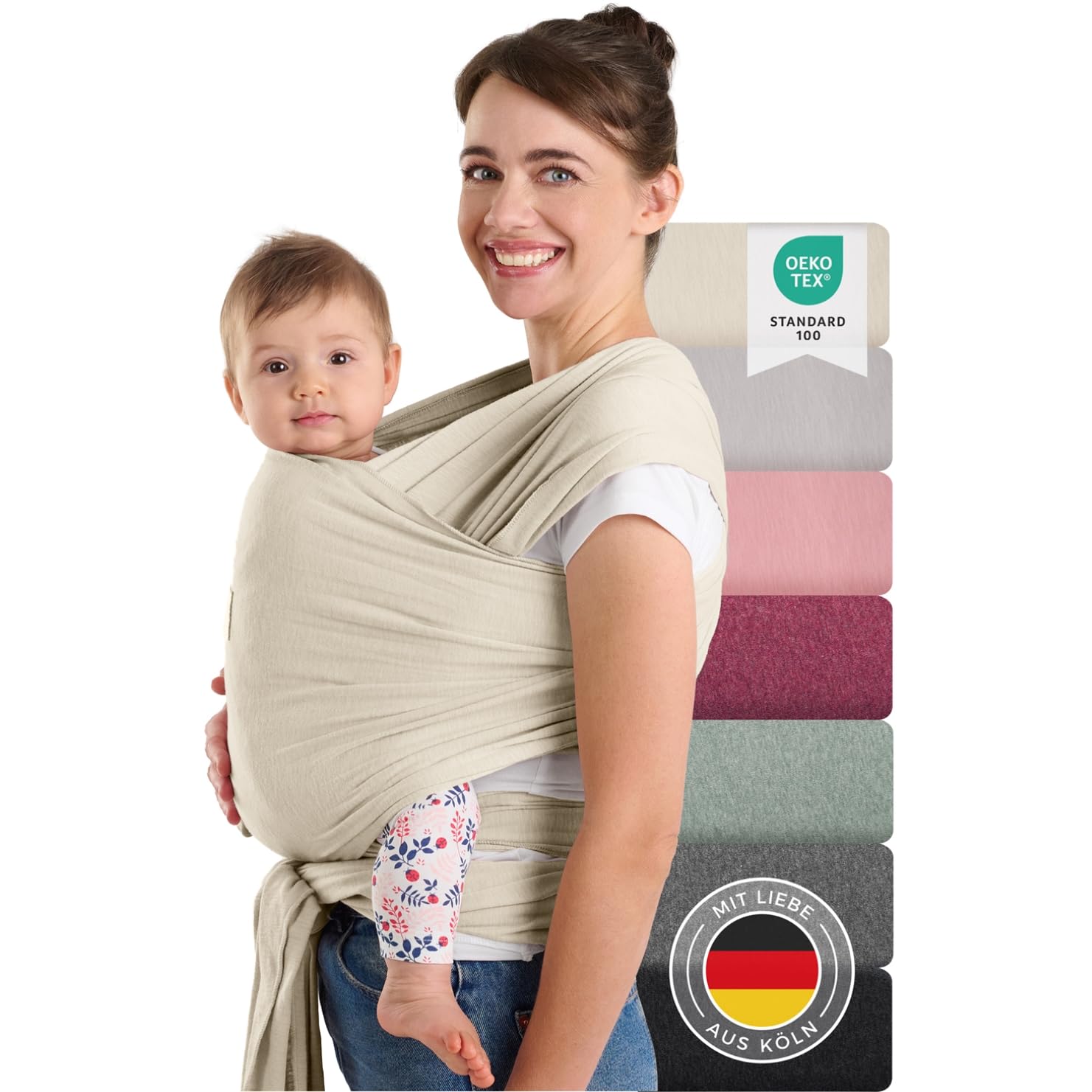 Laleni Tragetuch Baby neugeboren bis 15 kg aus weicher Baumwolle - Babytrage Neugeborene ab Geburt - OEKO-TEX zertifizierte Babytrage Beige - Wickeltuch Baby mit 5,10 m Länge - Baby Trage in Beige.