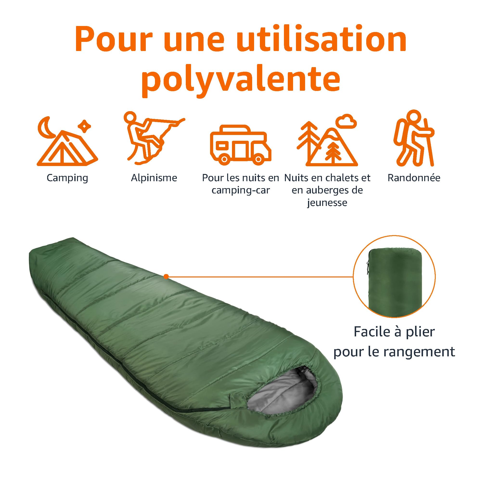 Amazon Basics Sac de couchage pour le camping et la randonnée par temps froid, léger, style momie, vert olive