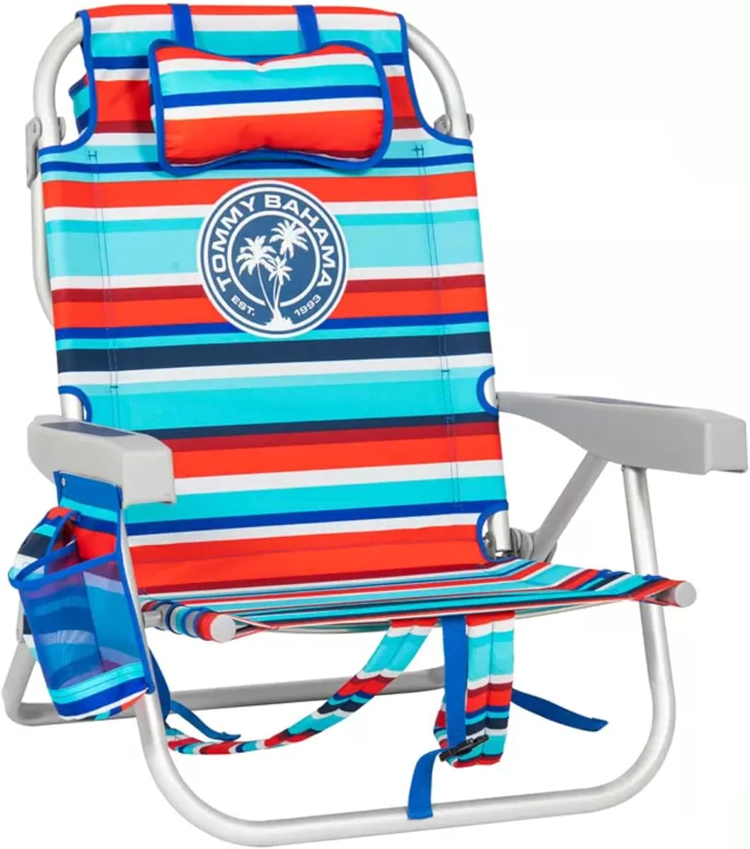 Tommy Bahama Backpack Beach Chair, Aluminium Frame, 5 Positions, Red/Blue/White Strips