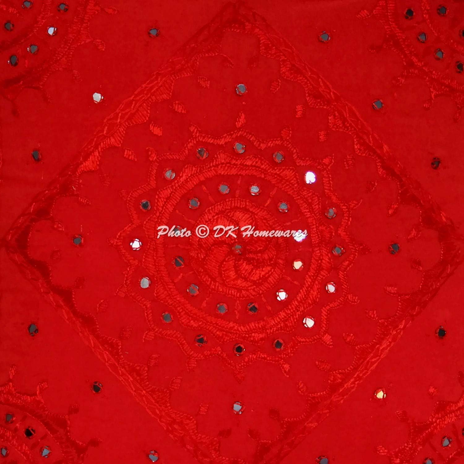 Bohemian Decorative Sofa Throw Pillowcases 24 x 24 Inch Cotton Embroidered Bohemian Indian Square Couch Cushion Covers (Size - 60x60 cm ; Color: Red) - Set of 2 Pcs (Cover Only)