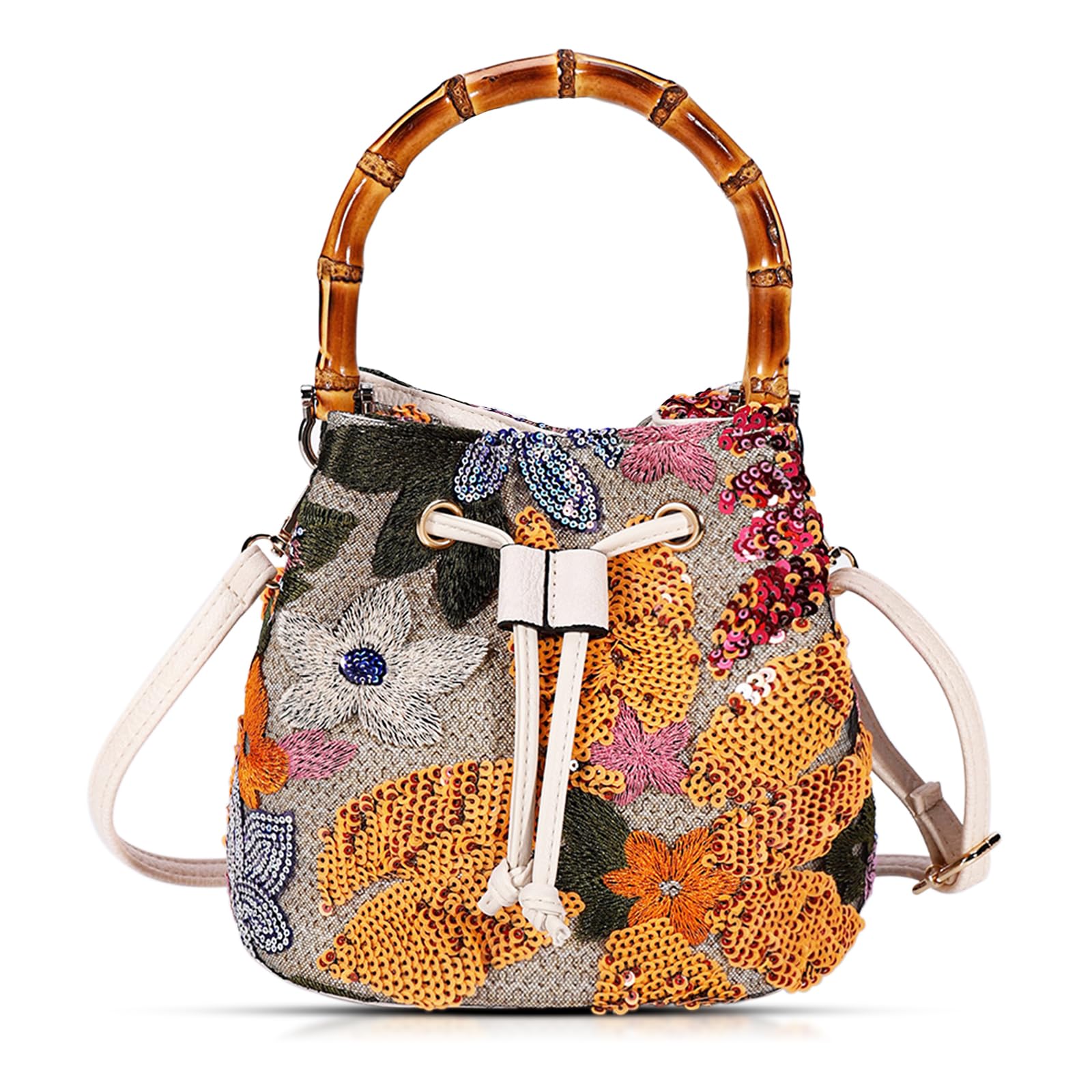Crossbody Bags for Women, Beach Bag, Hand Embroidered Tot Bag, Bamboo carry handle Bucket bag, Bohemian Handbags Suitable for Vacation Travel Daily