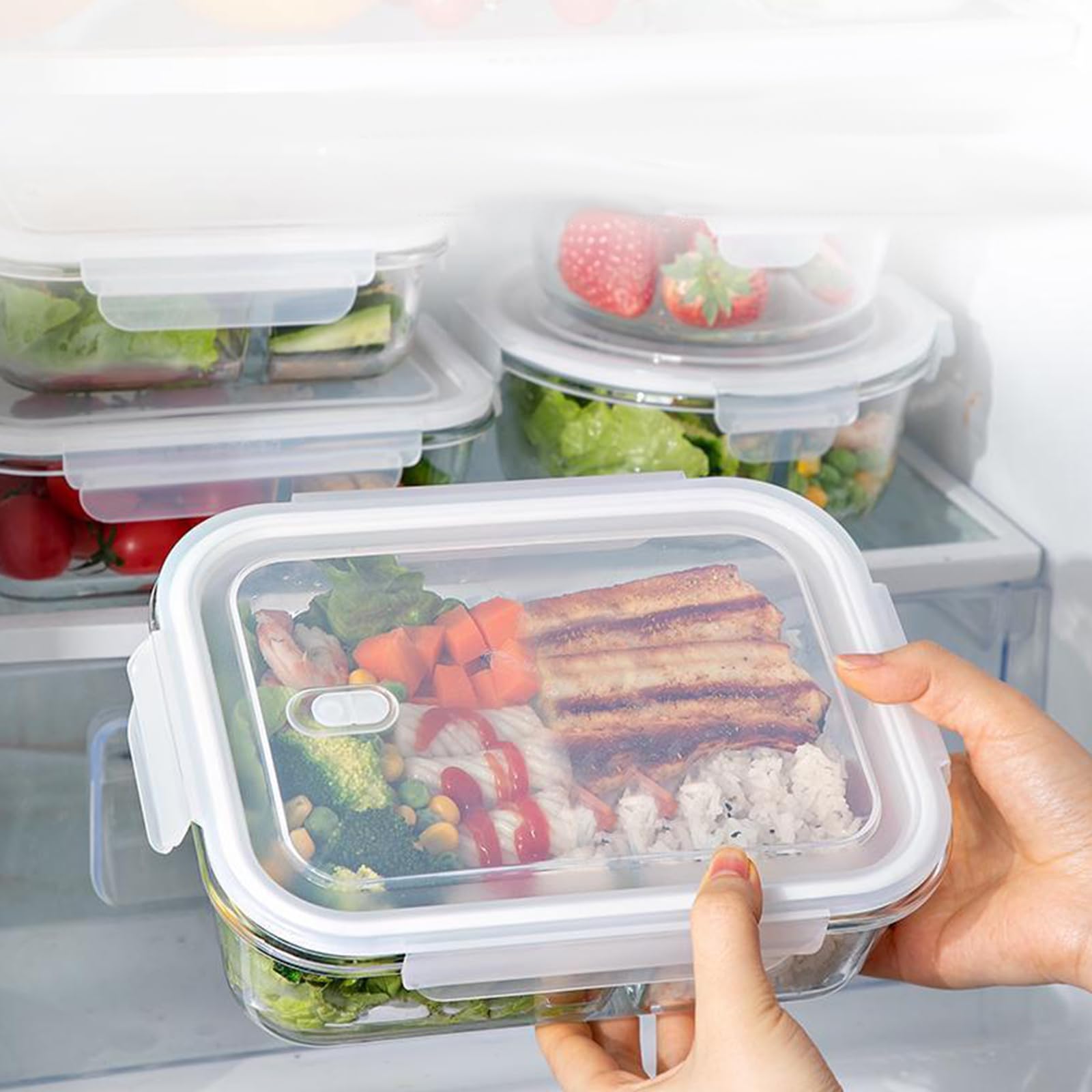 Frischhaltedosen aus Glas mit Deckel, luftdicht, Salatbehälter für Mittagessen, Mahlzeiten, Zubereitung und Reste für Mikrowelle, Ofen, Gefrierschrank und Spülmaschine, 425 ml, 680 ml, 1050 ml
