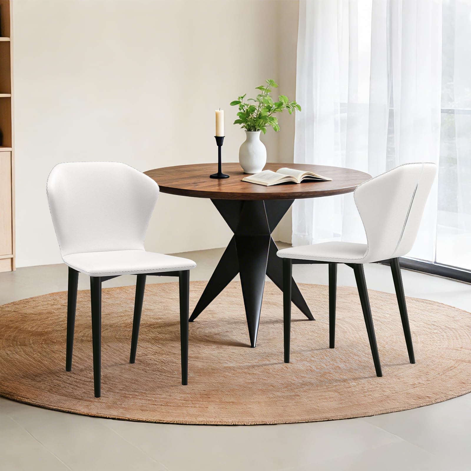 LES FLEURS Modern Dining Chairs Set of 2, Upholstered Faux Leather Kitchen Chairs with Curved Backrest, Soft Cushion Seat, Armless Side Chairs, Sturdy Metal Legs for Kitchen, Living Room, Off-White