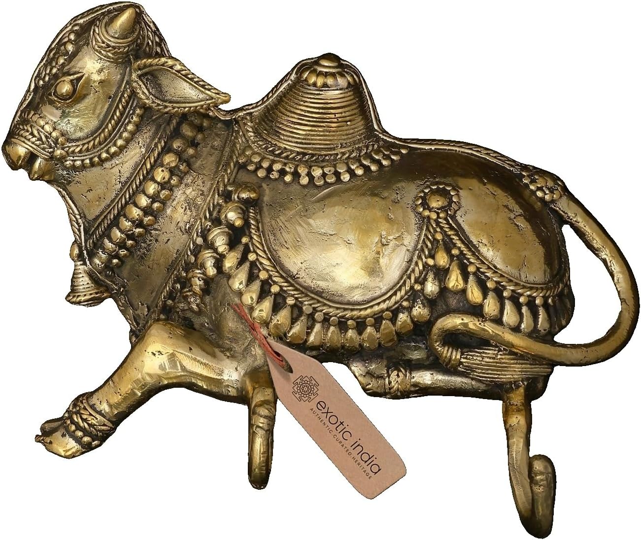 Exotic India 7" Wall Hanging Nandi with Key Hangers Brass Statue Traditional Dhokra Art Handcrafted for Home and Mandir Décor