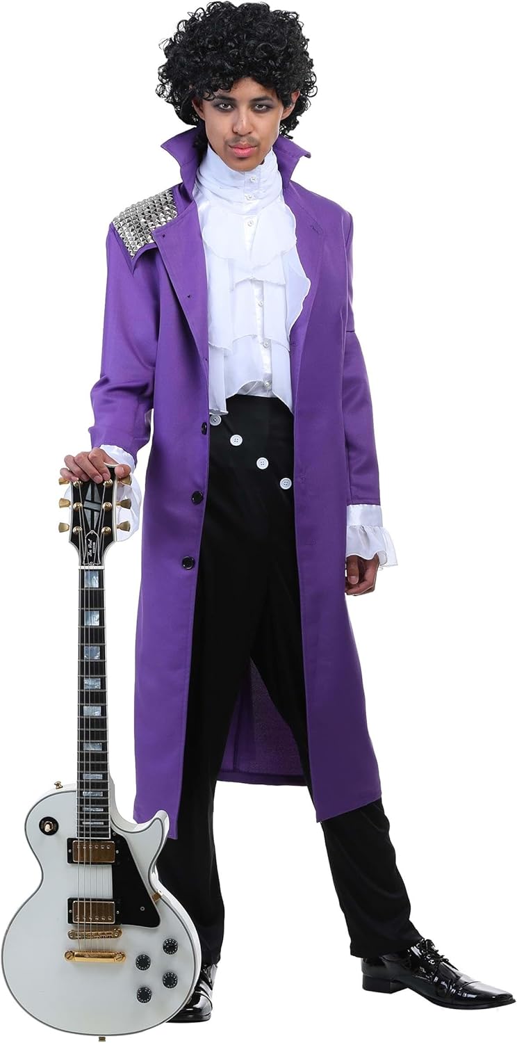 Purple Rockstar Halloween Costume For Men | Twill Overcoat, White Satin Ruffle Shirt Front, Black Pants Included - Image 3