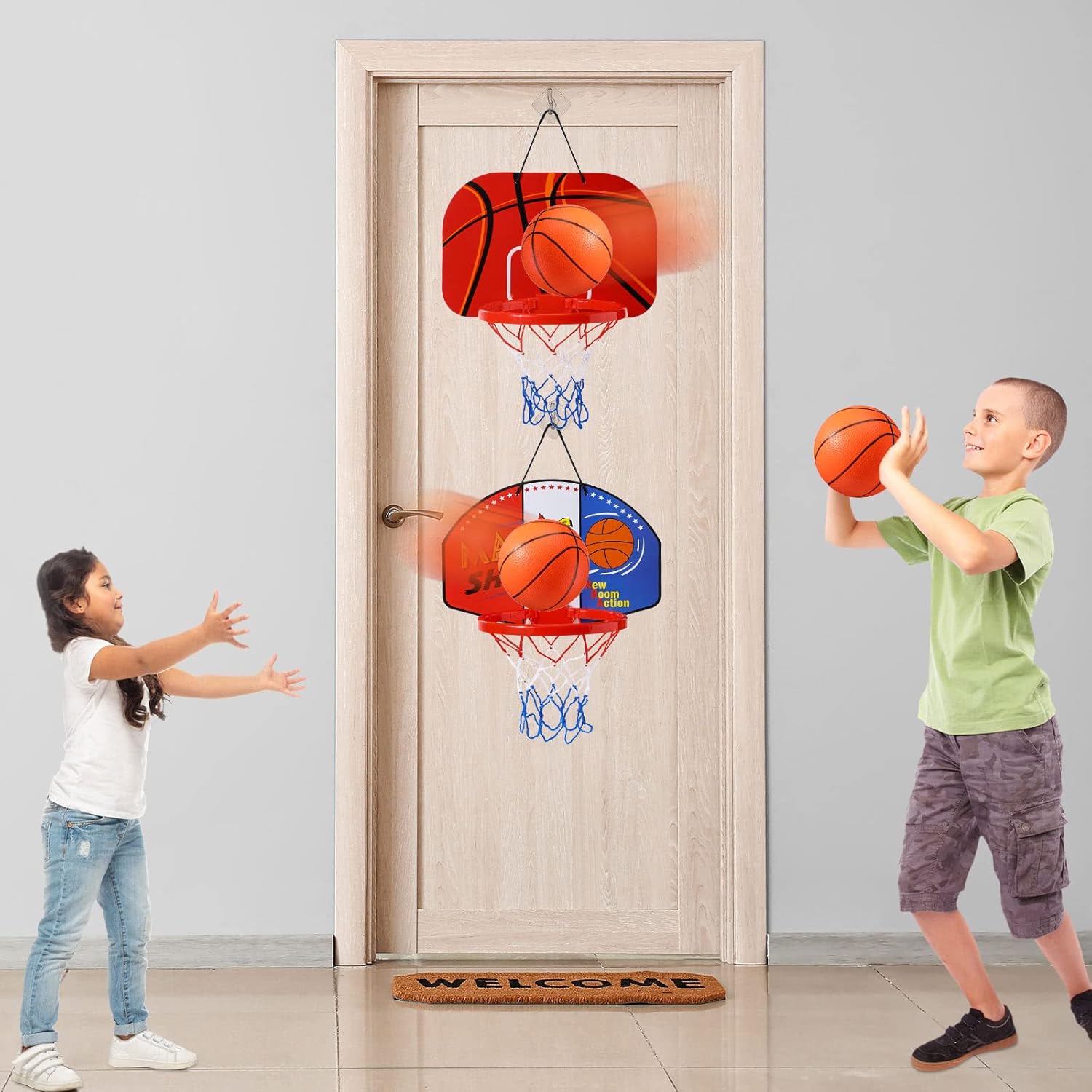 Sosation 2 Pcs Mini Basketball Hoop with 4 Basketball, Sticky Hook, Pump, Indoor No Drilling Basket Ball Hoop Decompress Game for Kid Adult Back to School Gift