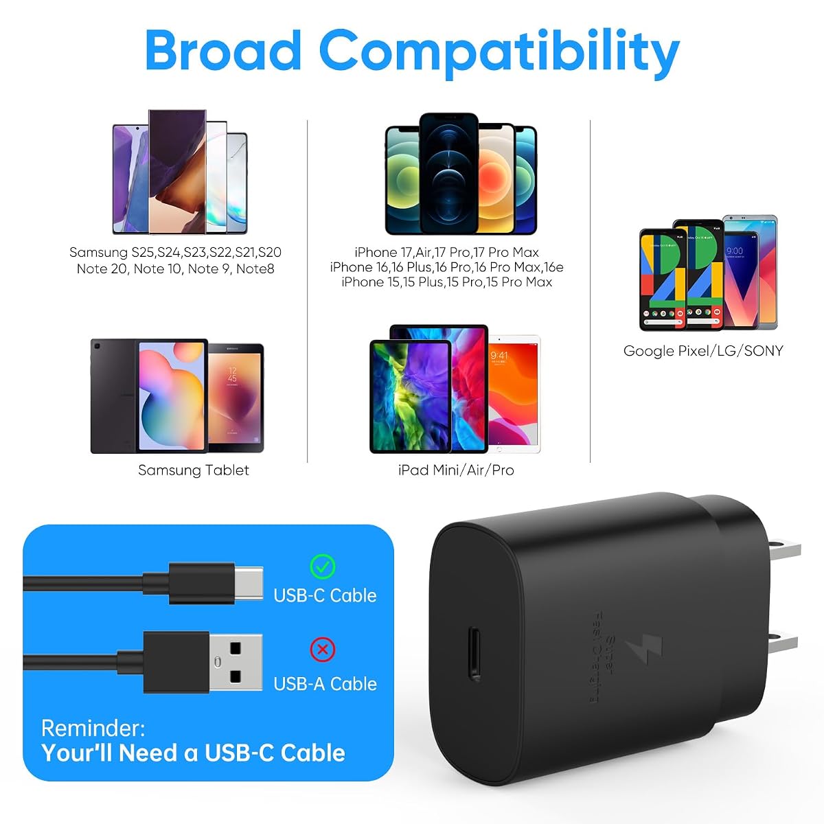 USB C Charger Block, 25W USBC Super Fast Charging Adapter for Samsung Galaxy S25 S24 Ultra S23 S22 S21 S20 Note20 / iPhone 17 16 15 14 13 Pro Max, Type C Wall Charger Plug, 2 Pack — best price