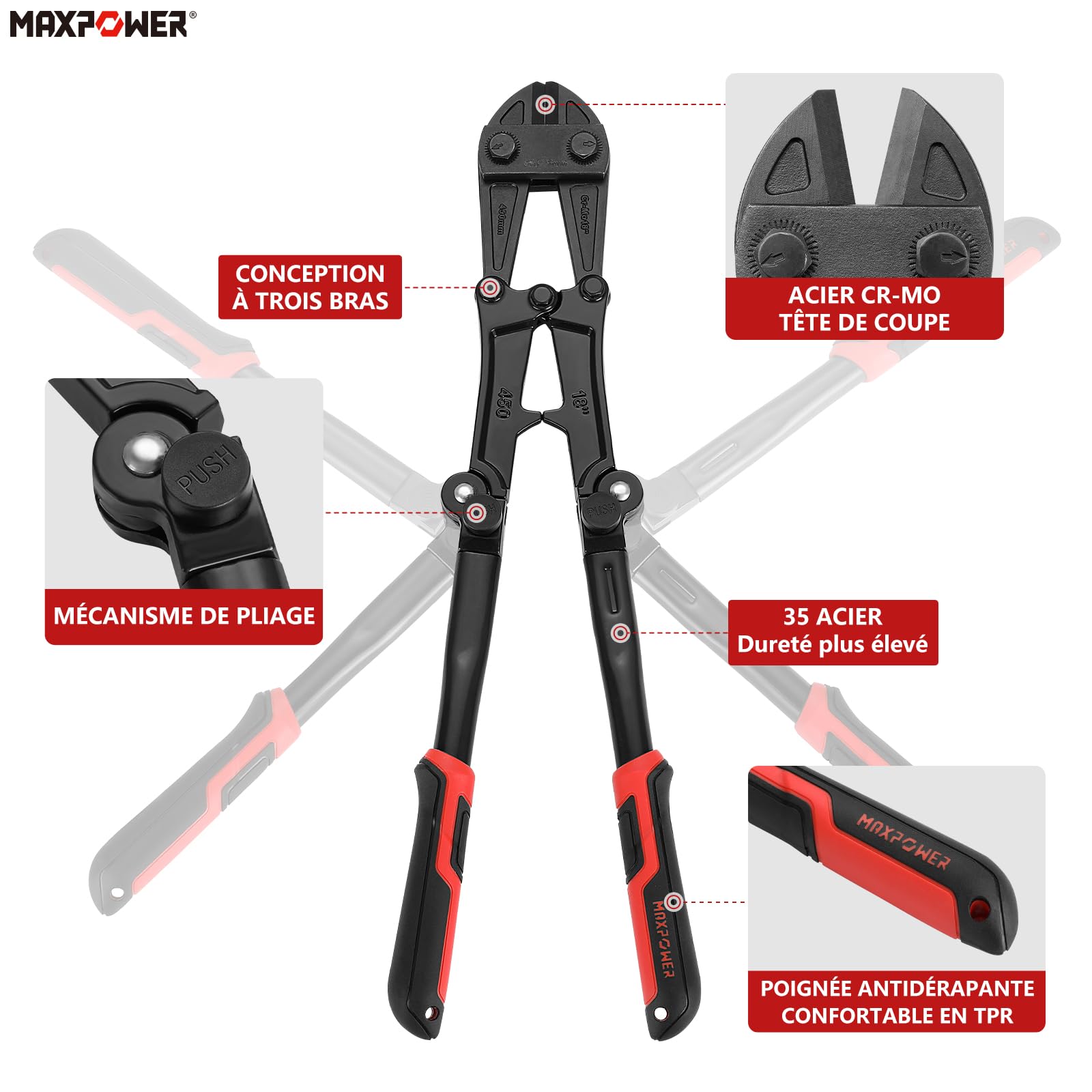 MAXPOWER Coupe-boulons 450mm Capacité de Coupe 6mm- Coupe Boulon une ouverture maximale de 18 mm pour Chaînes, Rivets et Plus Encore - 14 Pouces