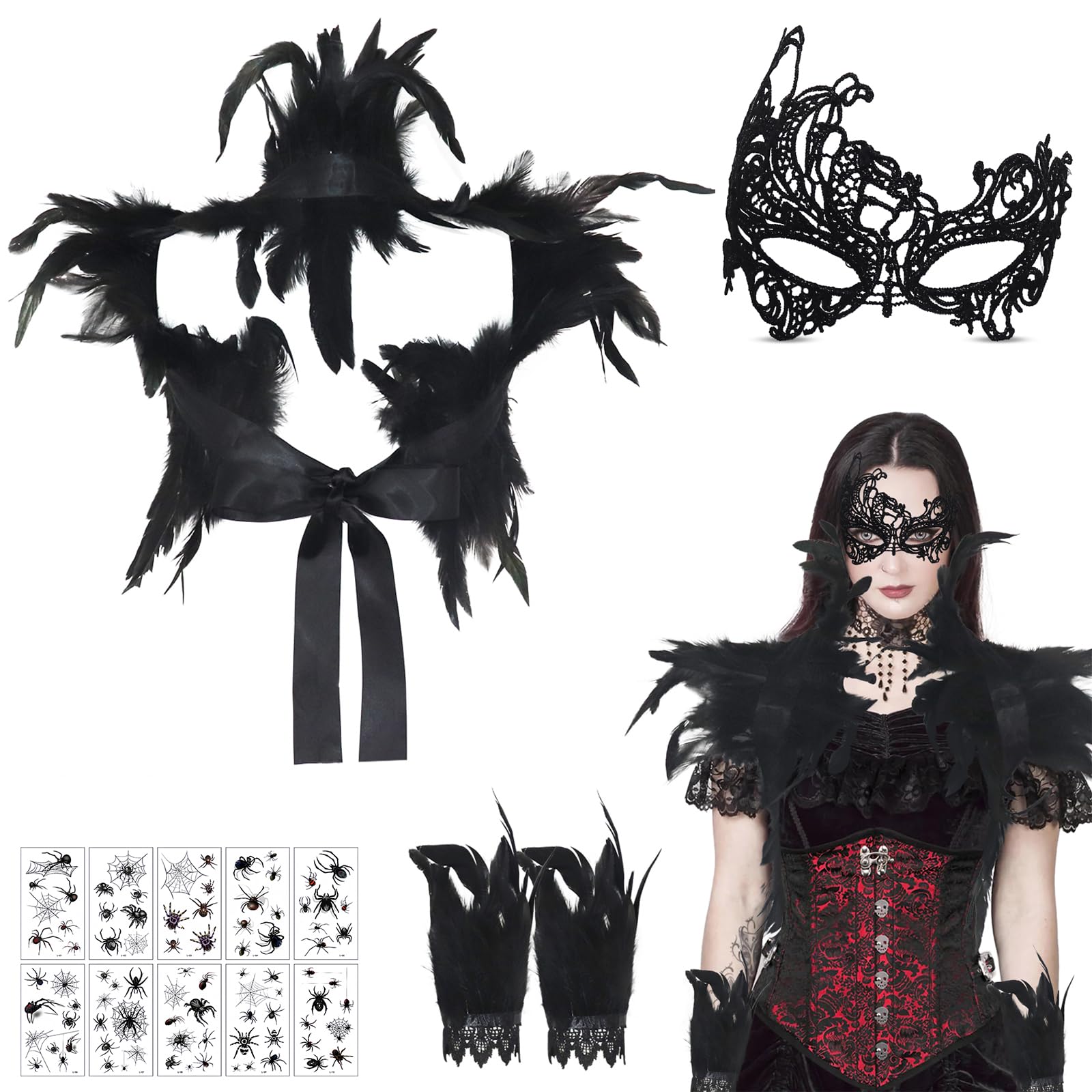 Oerphh 14 Pcs Women Natural Feather Cape, Gothic Feather Cape Shawl with 2 Feather Bracelets