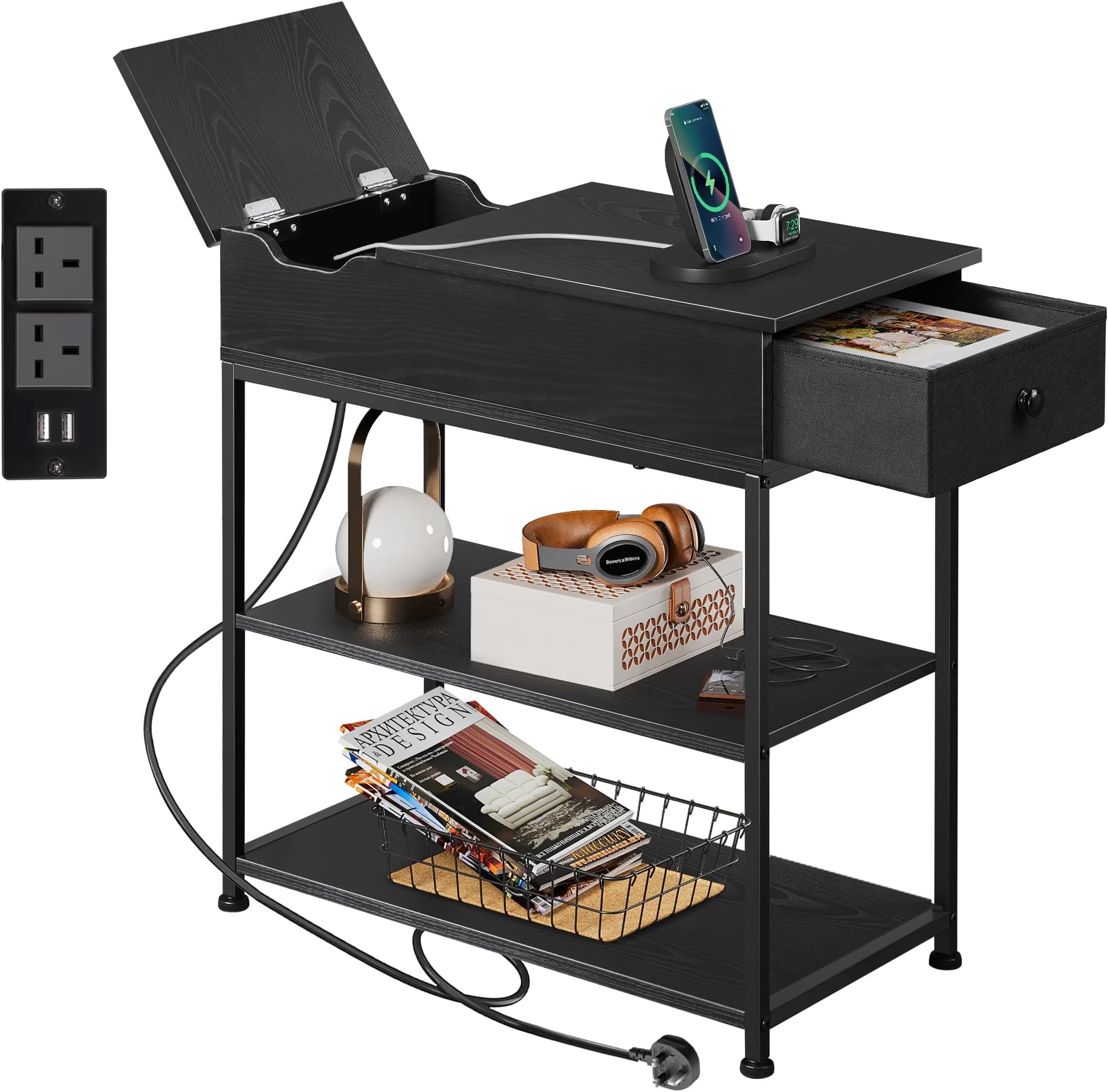 WLIVE Side Table, Narrow Side Table with Charging Station, Bedside Table with 2 USB & AC Outlets, Sofa Table with Fabric Drawer & Shelf, for Bedroom, Living Room - 30x60x61 cm, Embossed Black