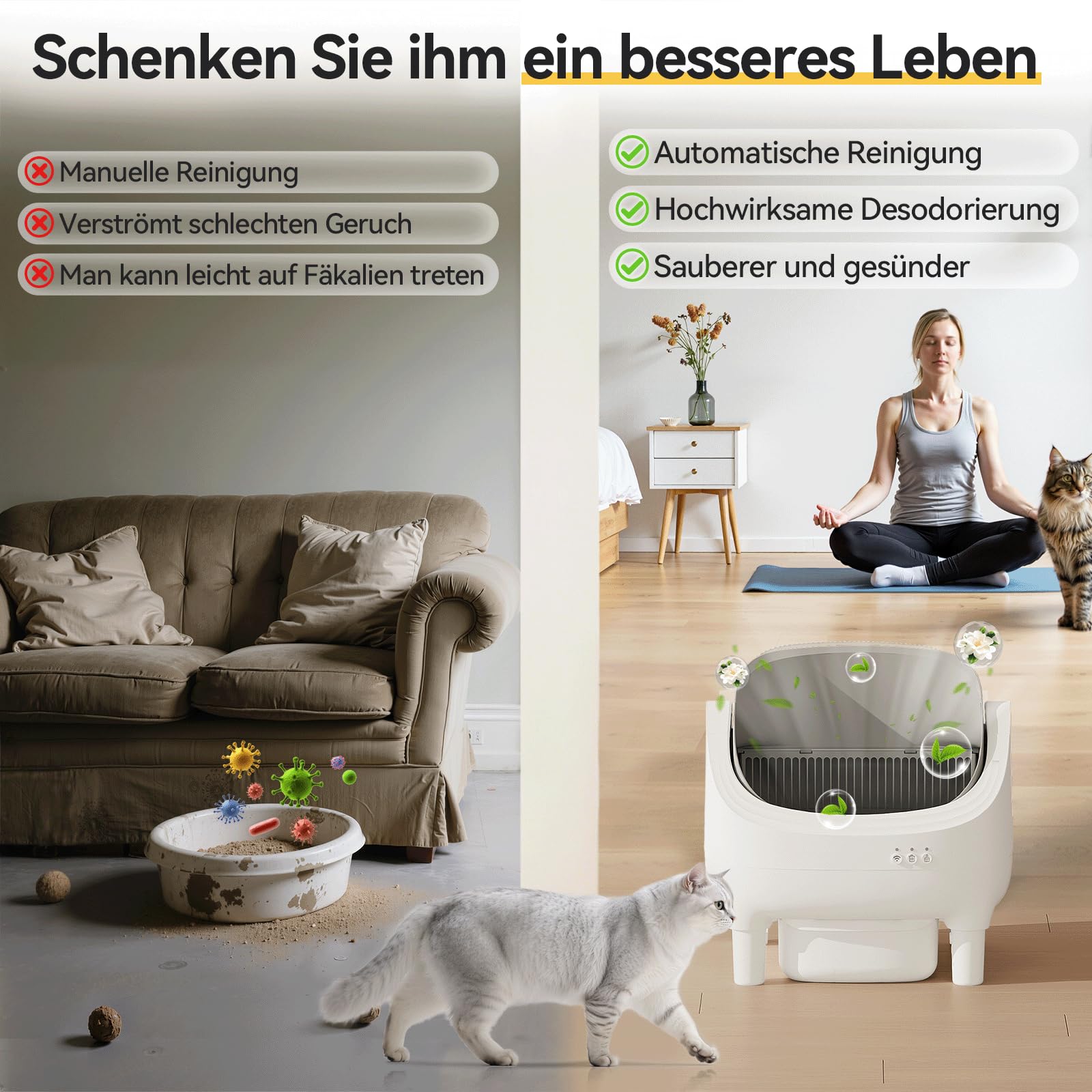 JUMMICO Selbstreiniger Katzenmüllkasten, Top Open Design, XXL Müllschalen für 15 kg Katzen, App Control, 12L 15 Tage dauerhafter Gebrauch, elektrische automatische Müllkasten für Multi Cat