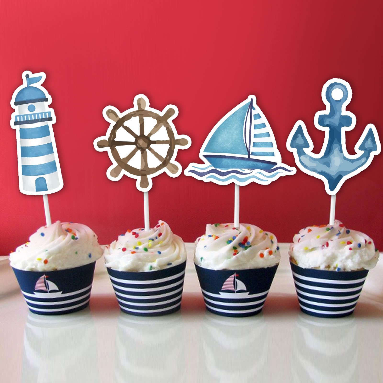 24 Toppers Para Cupcakes Náuticos - 4 Diseños (Ancla, Barco, Faro, Remo)  Para Fiestas Marinas, image size:1600x1600