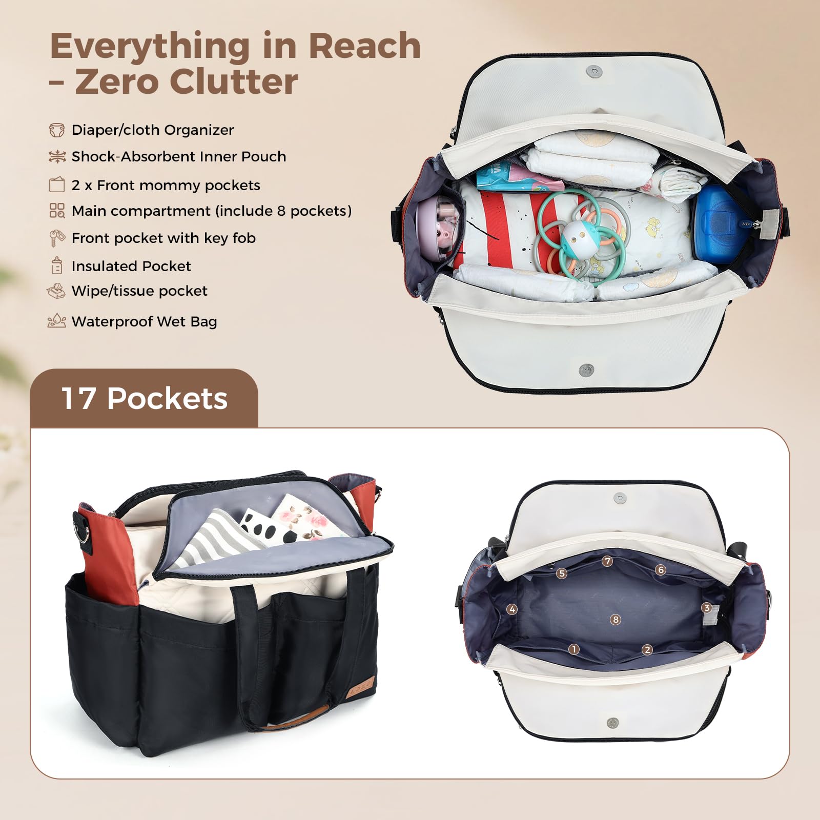 Lekebaby Borsa Fasciatoio Neonato Bambini per Passeggino, Impermeabile Multifunzionale Borsas Mamma Neonato con Fasciatoio Portatile e Ganci Passeggini Adatta per Viaggi/Shopping
