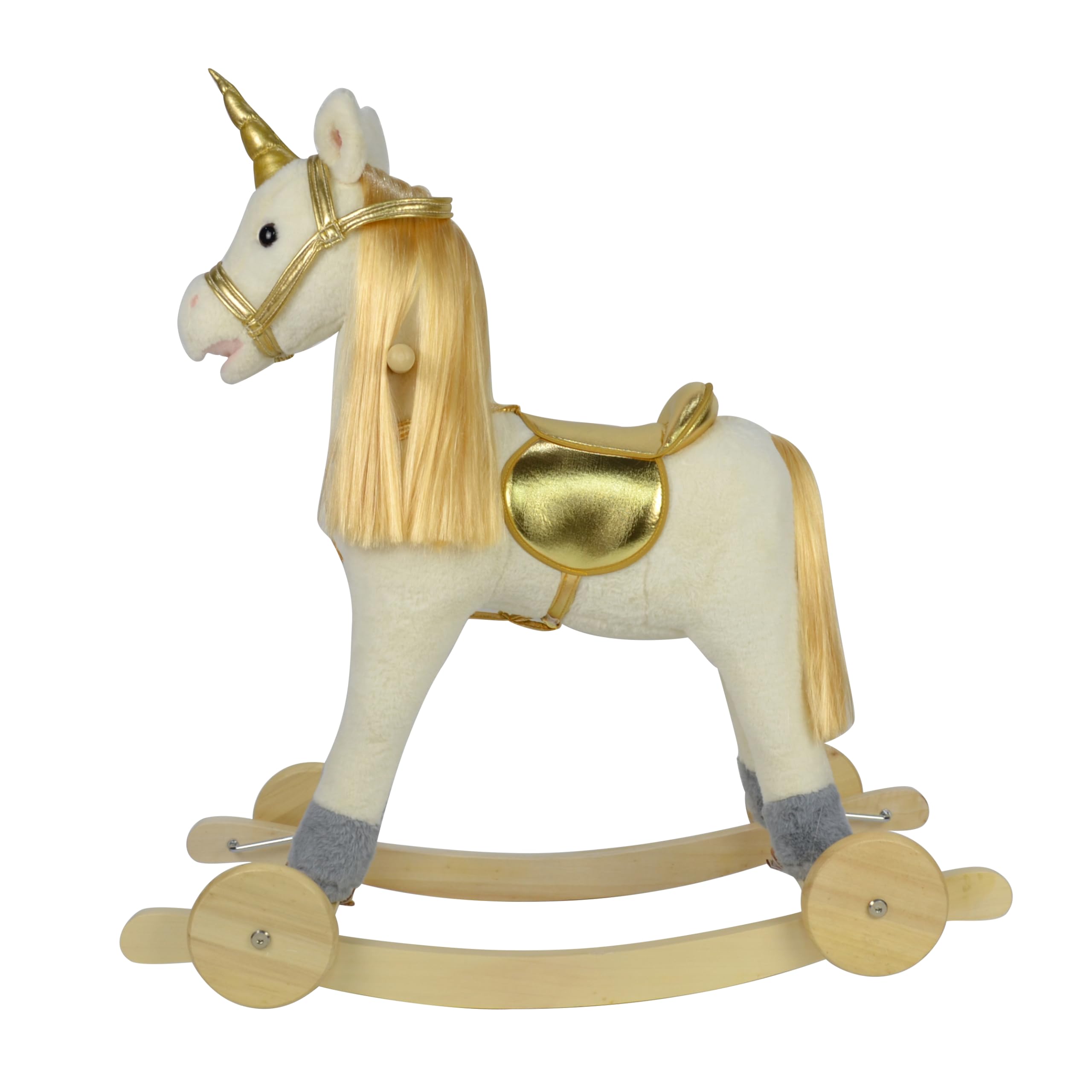 Cavallo a Dondolo per Bambini 36-72 Mesi Unicorno a Dondolo Cavalcabile in Legno e Peluche con Rotelle Suoni e Movimenti Realistici 74x30x62 cm (Bianco e Oro)