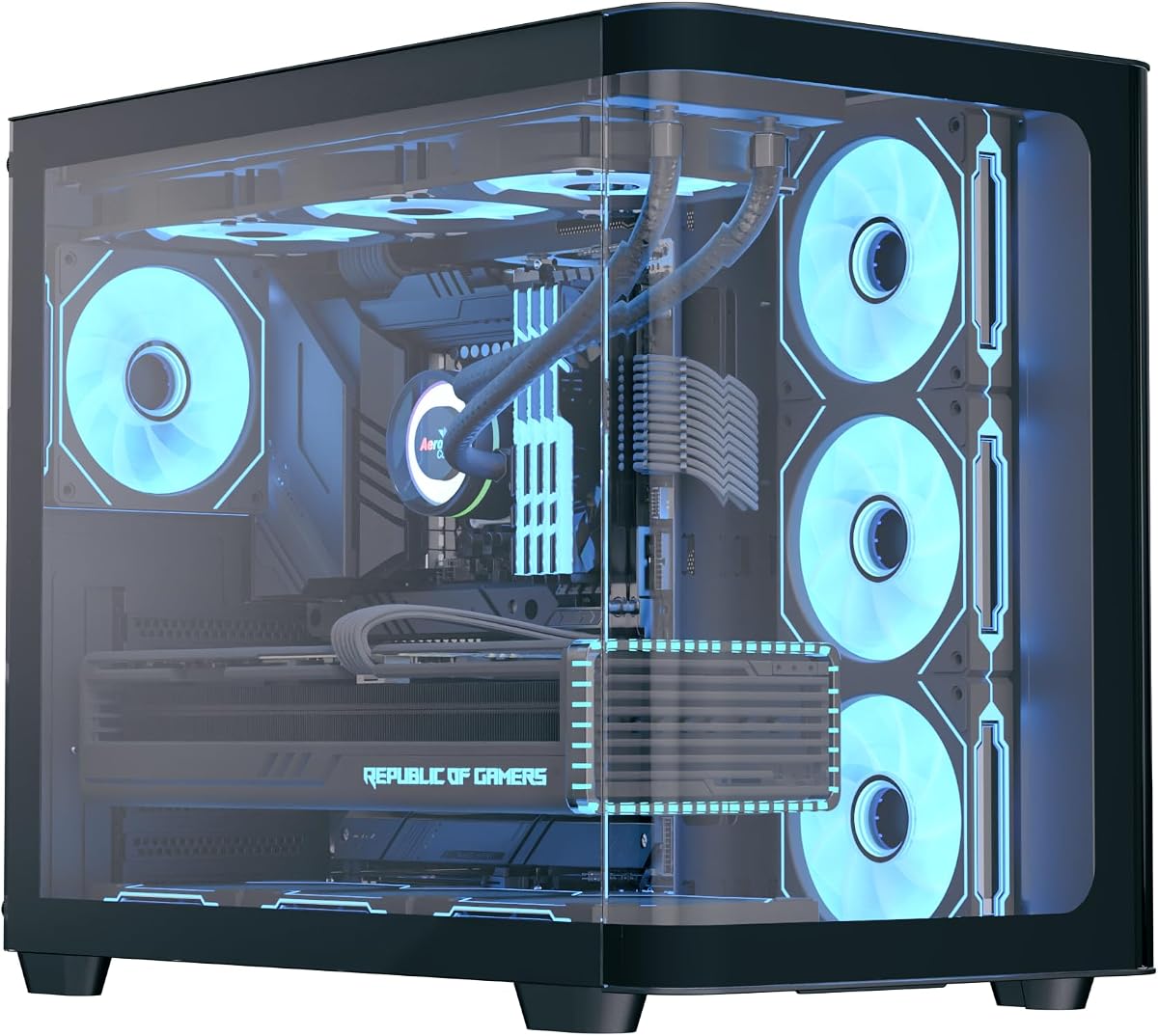 AeroCool P500C Caja para PC de doble cámara de torre media 4 ventiladores preinstalados Vidrio templado panorámico de alto flujo de aire Iluminación RGB Soporte para radiador de 360 mm Sistema de enfriamiento personalizable Administración de cables Construcciones para juegos | Caja para computadora gaming de doble cámara, vidrio templado panorámico, iluminación RGB, soporte para radiador de 360 mm, 4 ventiladores preinstalados