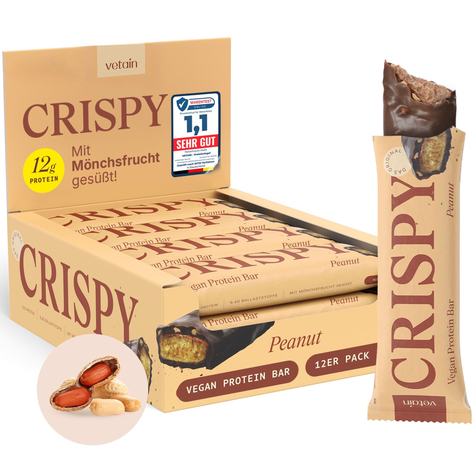 VETAIN Vegan Proteinriegel - Crispy Peanut - 12g Eiweiß pro Riegel - Mit Mönchsfrucht gesüßt - 100% natürliche Zutaten - Ohne Palmöl - Frei von Sucralose & Maltit - 12 x 55g